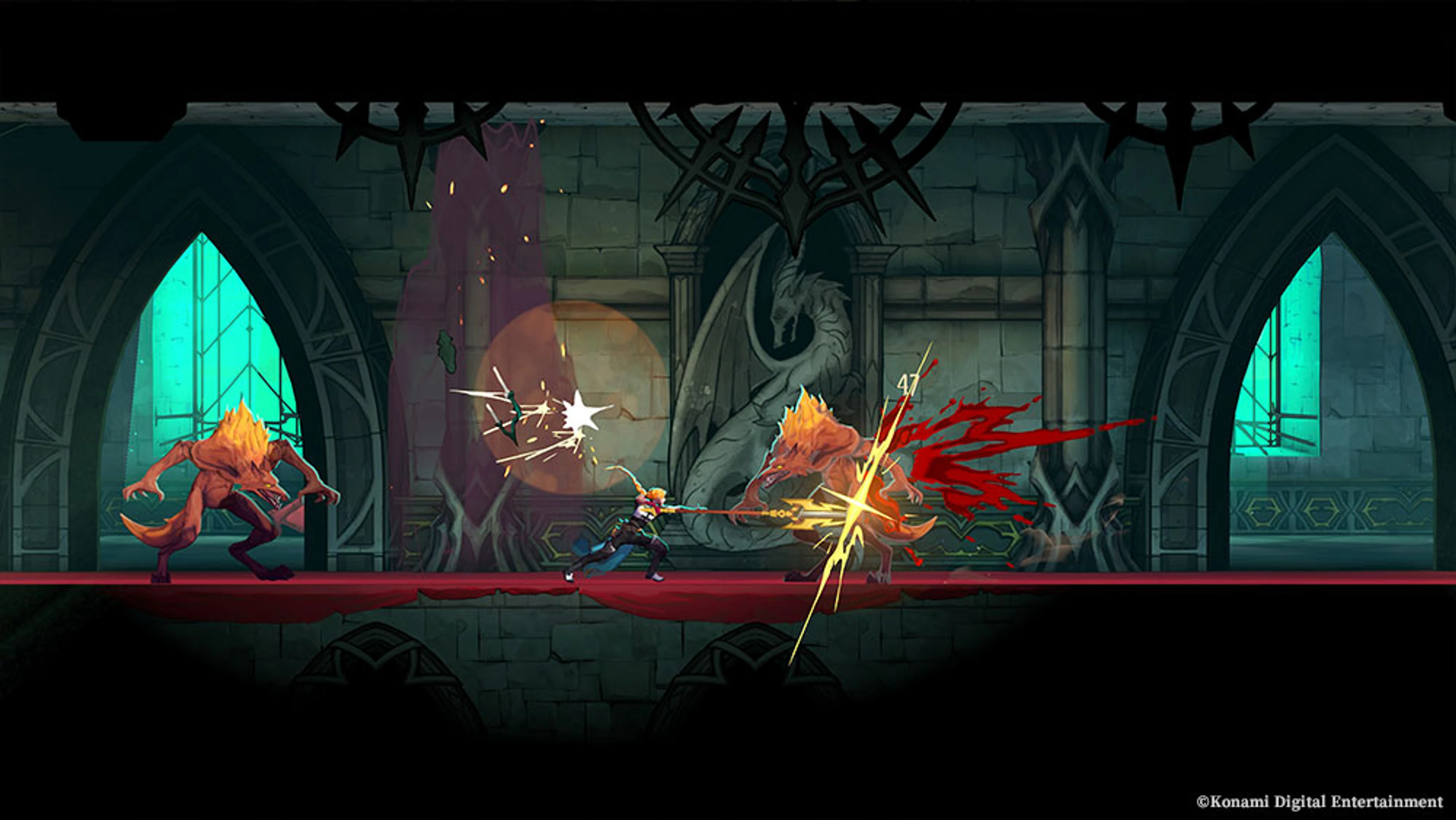 Rose Belmont strikes a werewolf with the Vampire Killer inside a gothic hall in Castlevania: Belmont’s Curse.