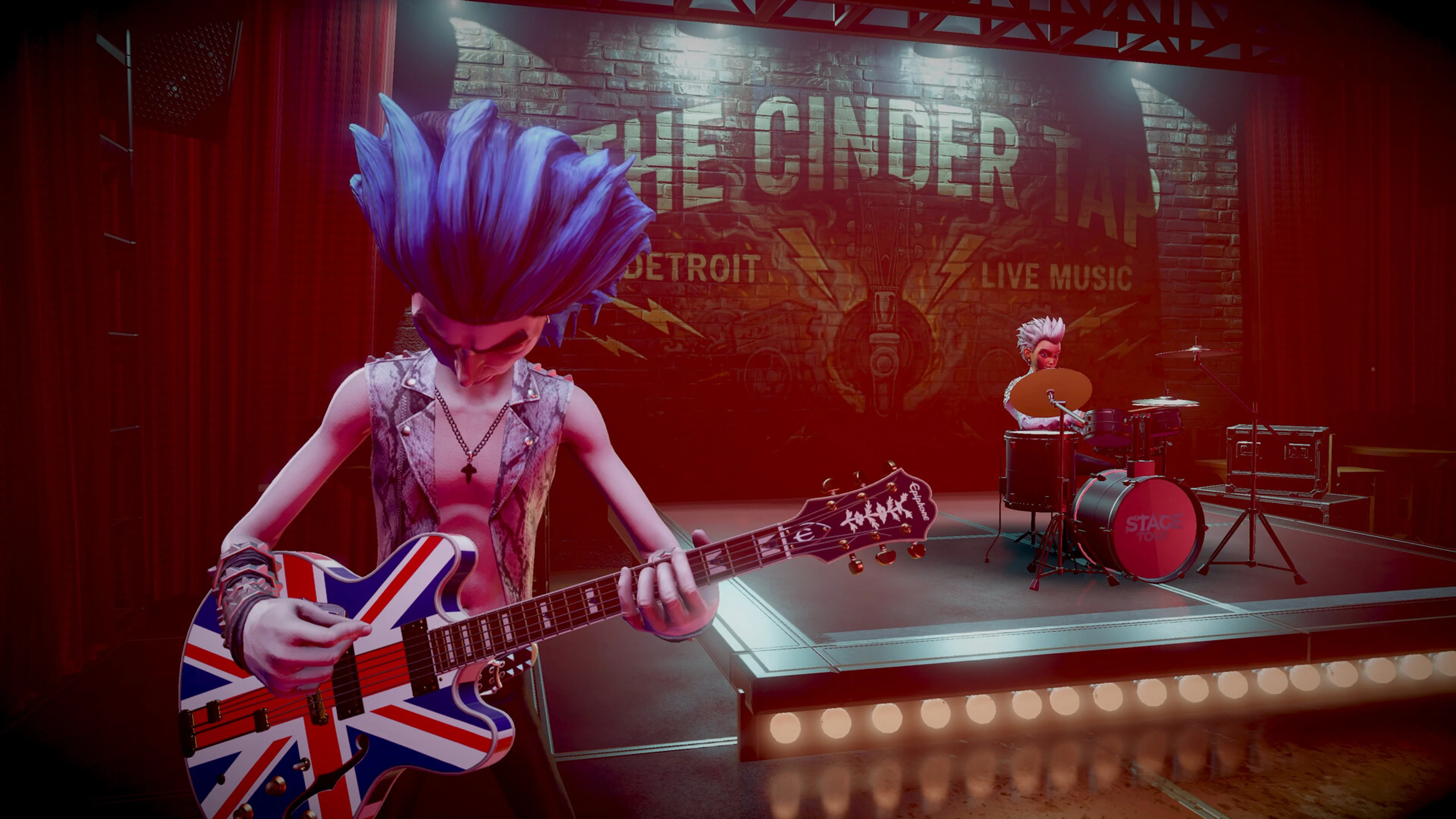 A colorful Stage Tour band performs on a lit stage while note lanes fill the foreground.
