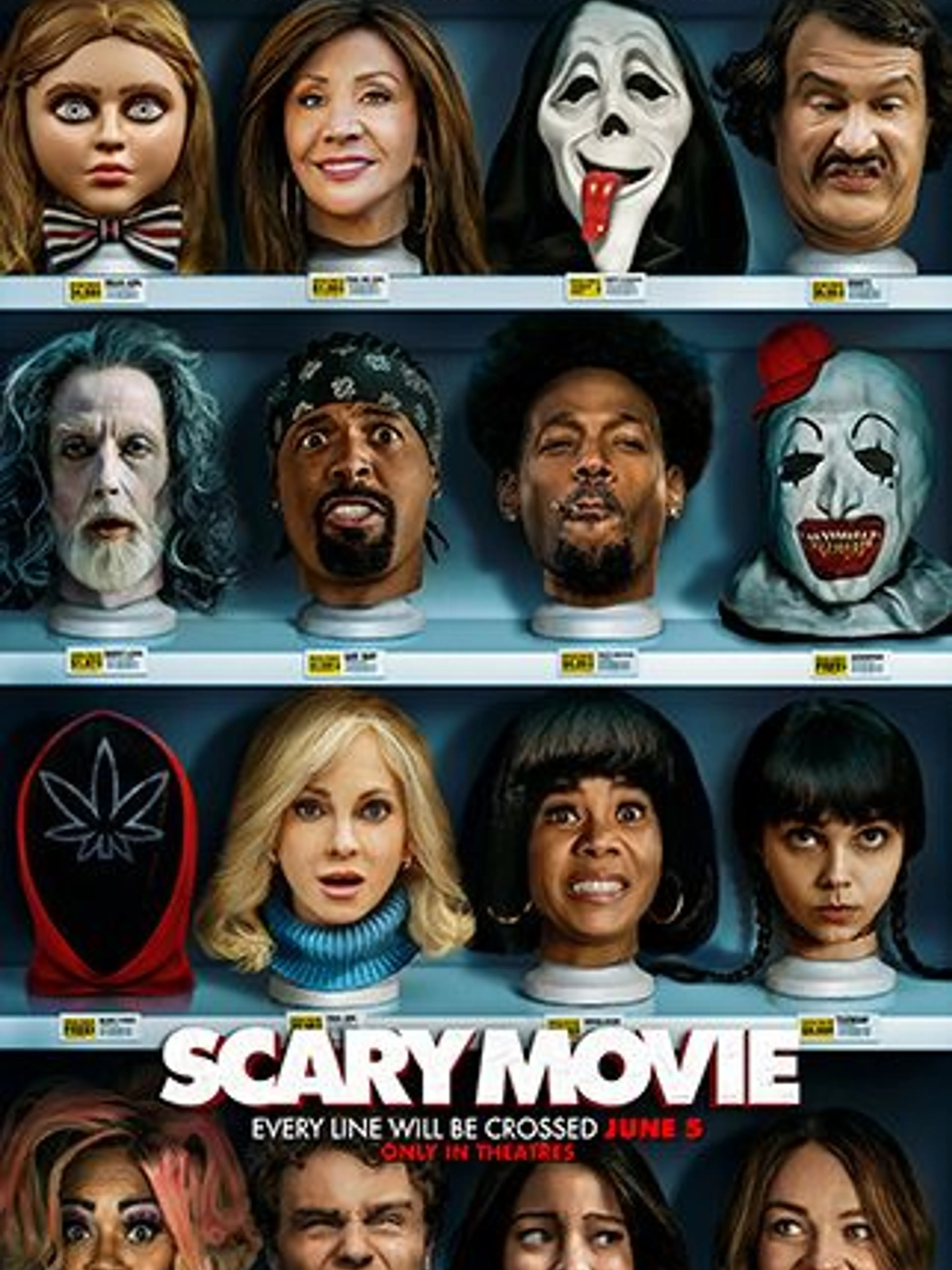 Scary Movie poster shows horror characters and returning cast members above the film title.