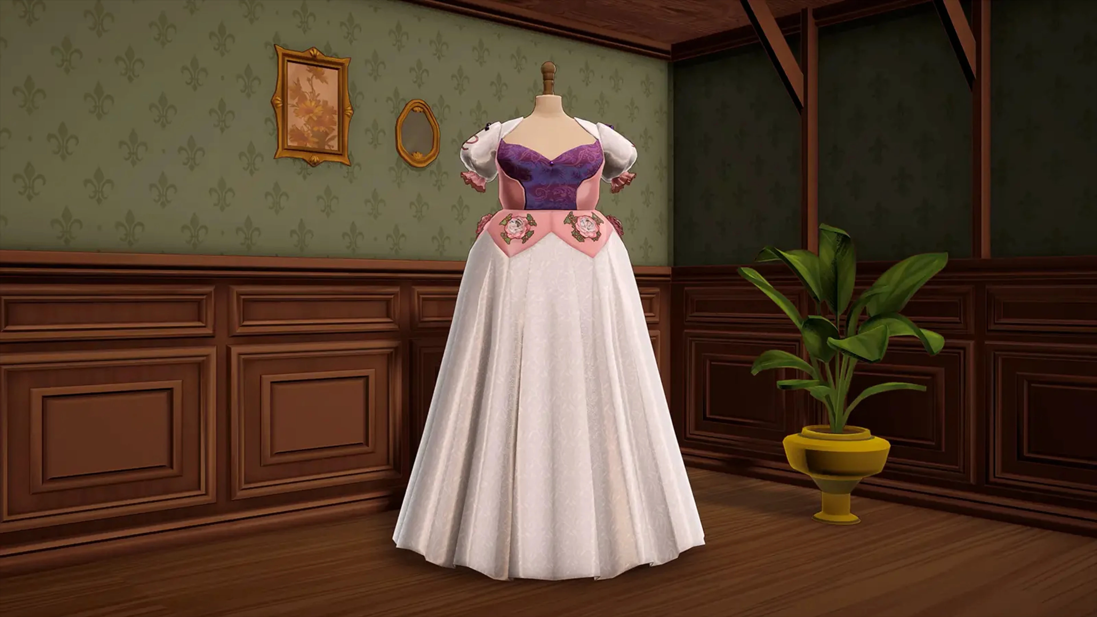 A white and purple dress with floral trim on a mannequin in Dressmaker.