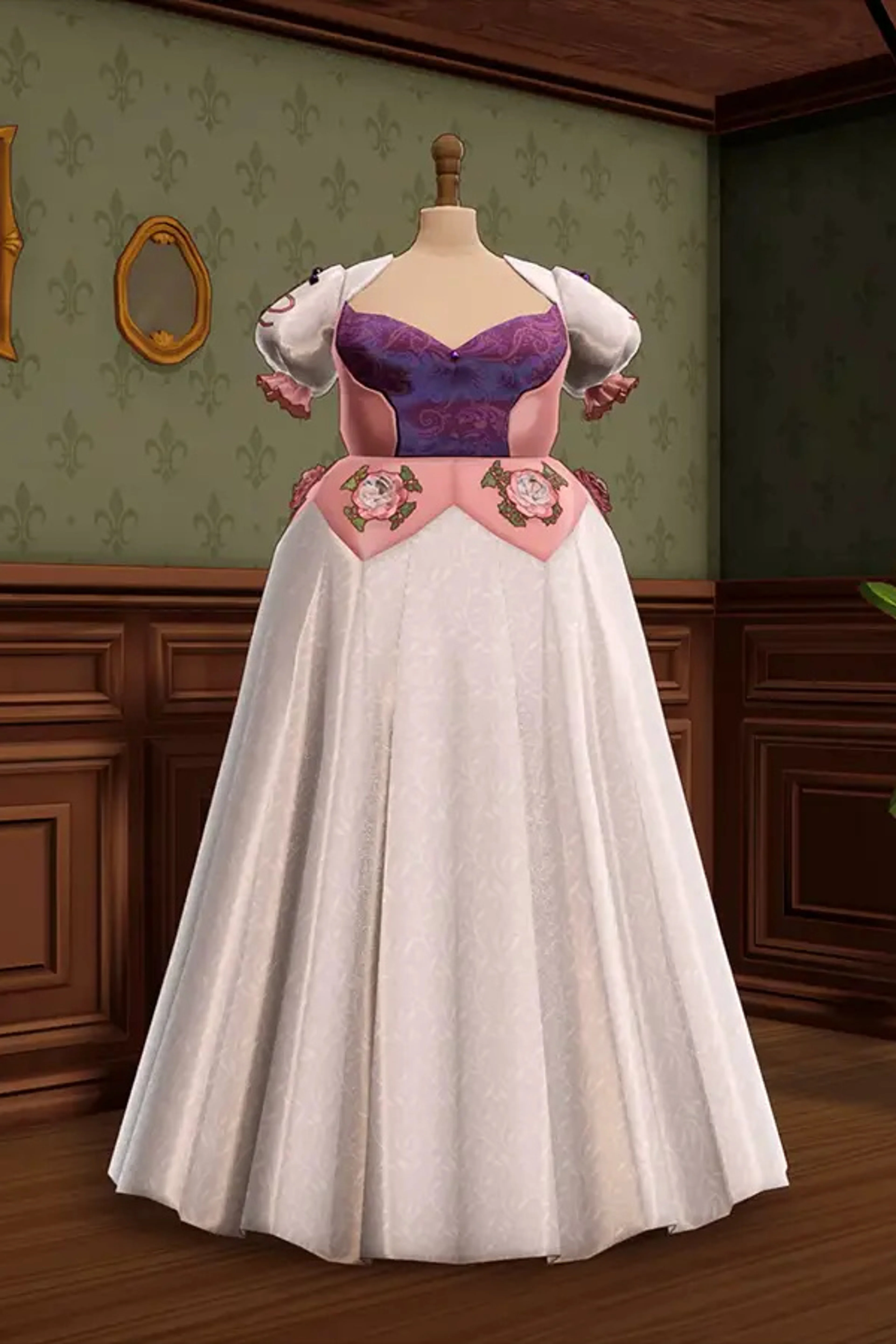 A white and purple dress with floral trim on a mannequin in Dressmaker.
