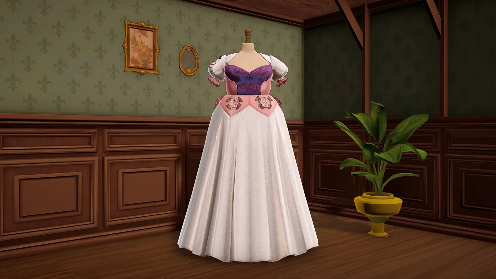 A white and purple dress with floral trim on a mannequin in Dressmaker.