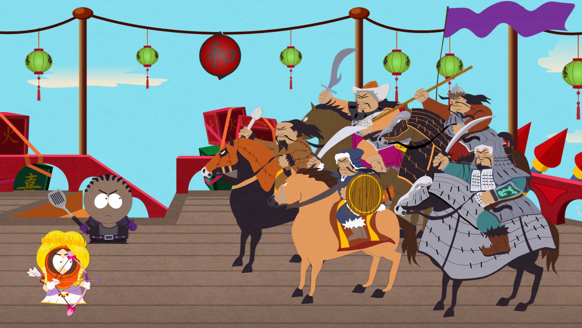 Costumed South Park children face armored opponents on a wooden platform.
