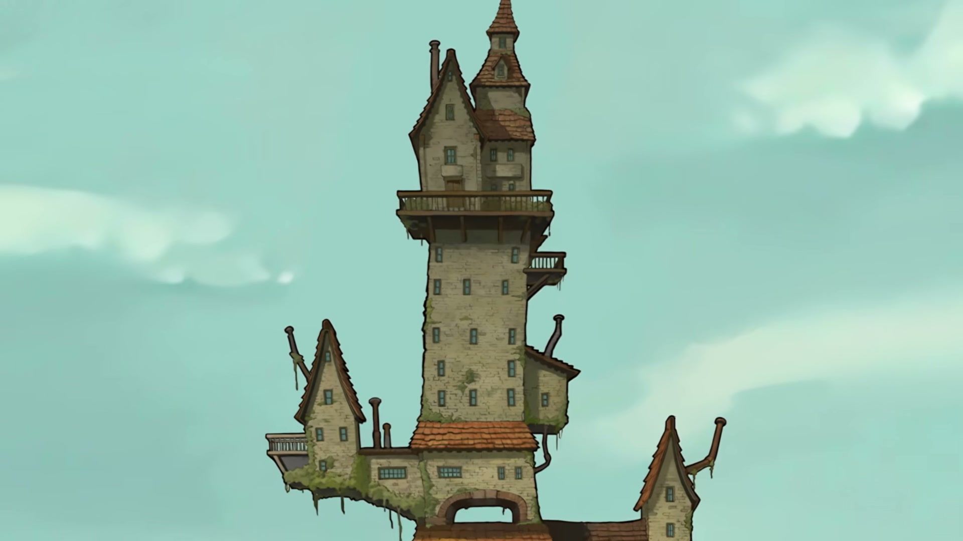 The crooked tower of St. Mystere rises into a pale blue sky.