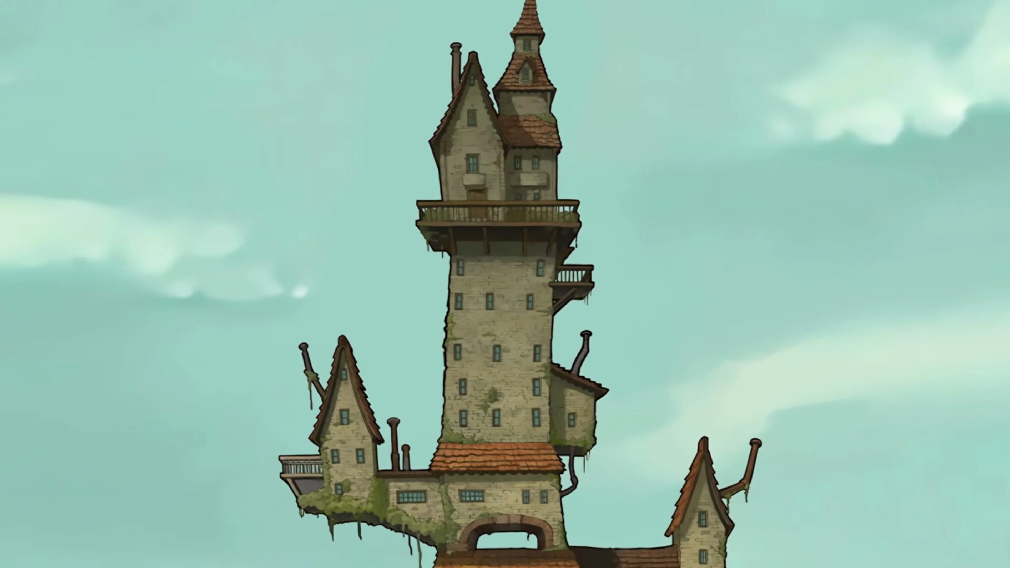 The crooked tower of St. Mystere rises into a pale blue sky.