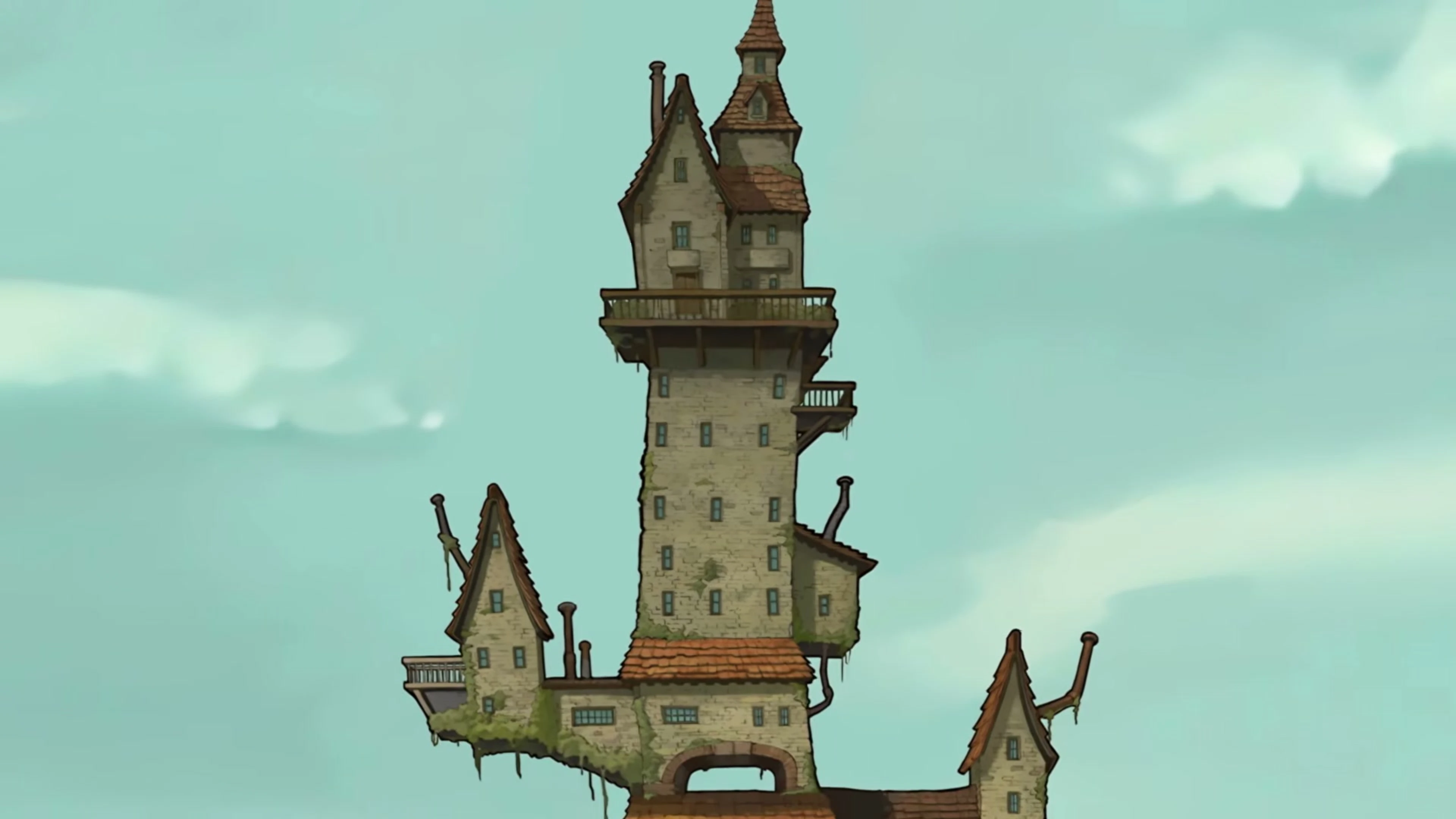 The crooked tower of St. Mystere rises into a pale blue sky.
