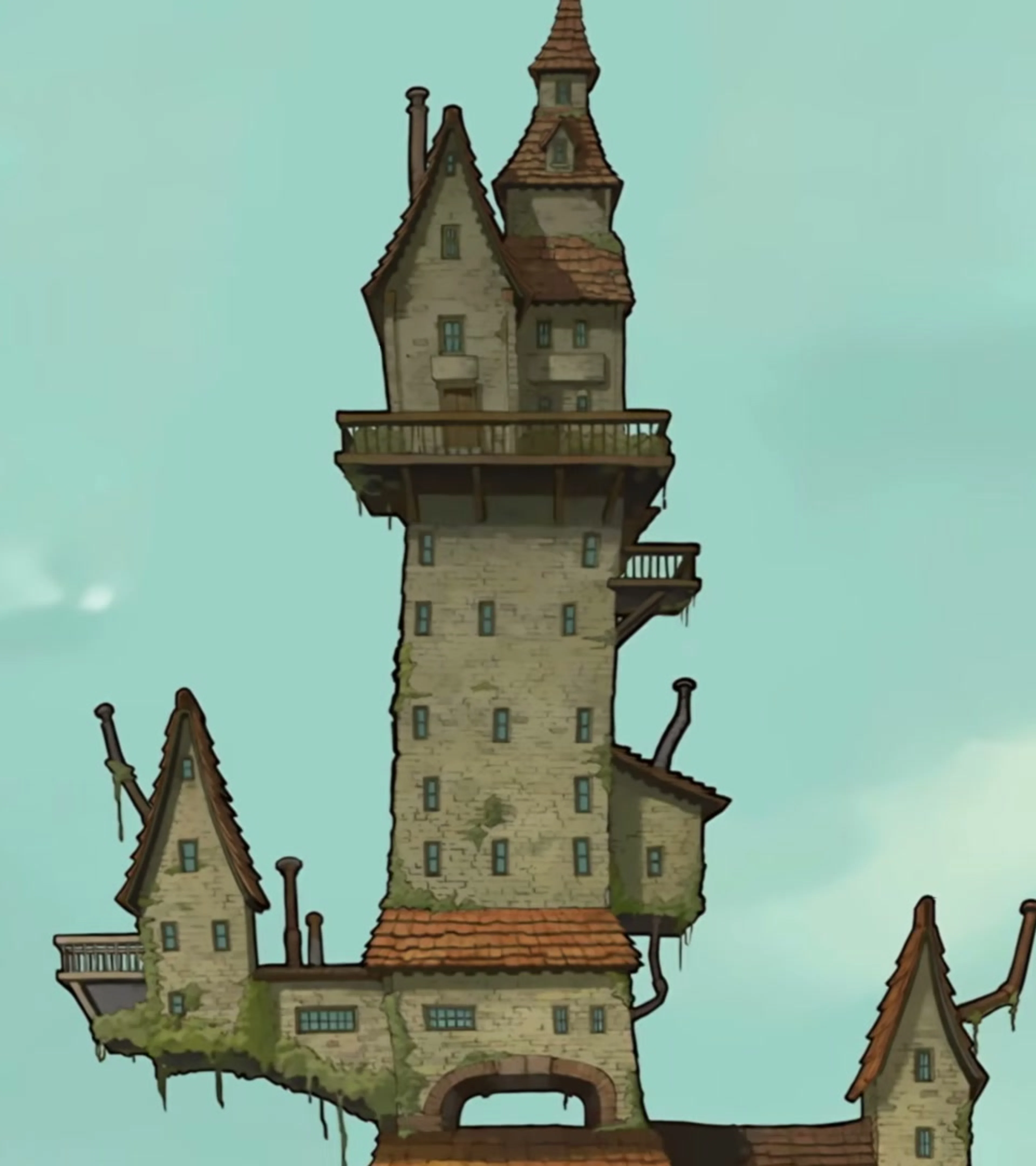 The crooked tower of St. Mystere rises into a pale blue sky.