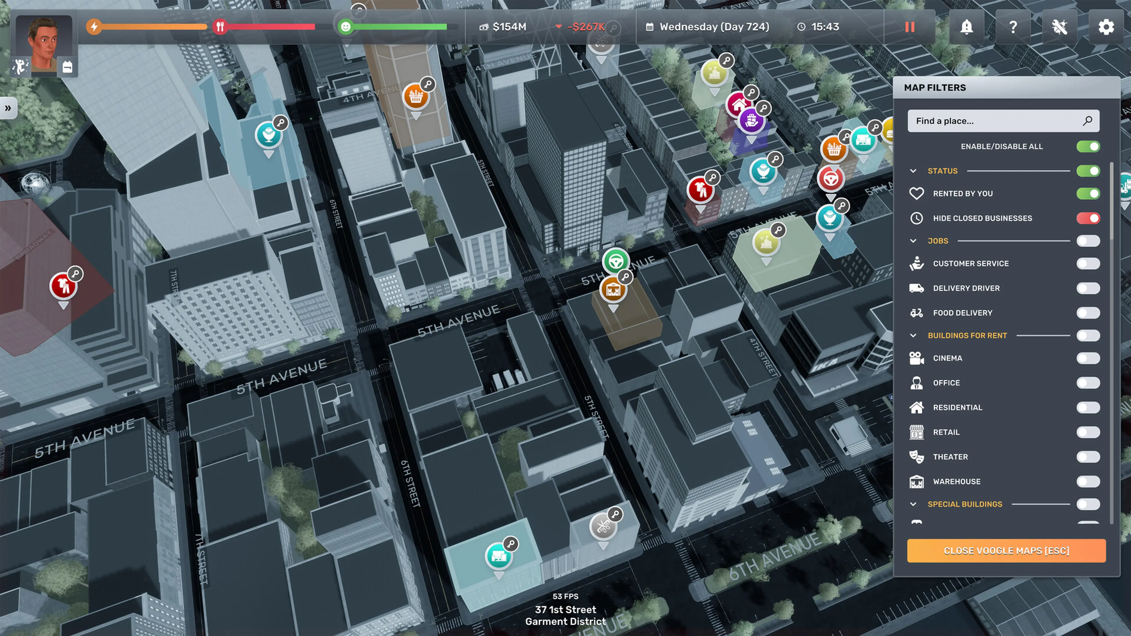 City map and business management interface in Big Ambitions.