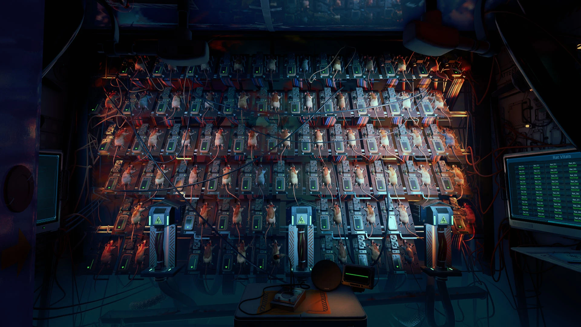 Rows of wired rats fill a dark laboratory wall in ONTOS.