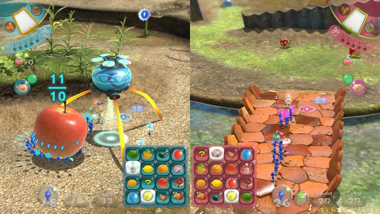 A split-screen mode shows fruit, Pikmin and a tiled map in two views.