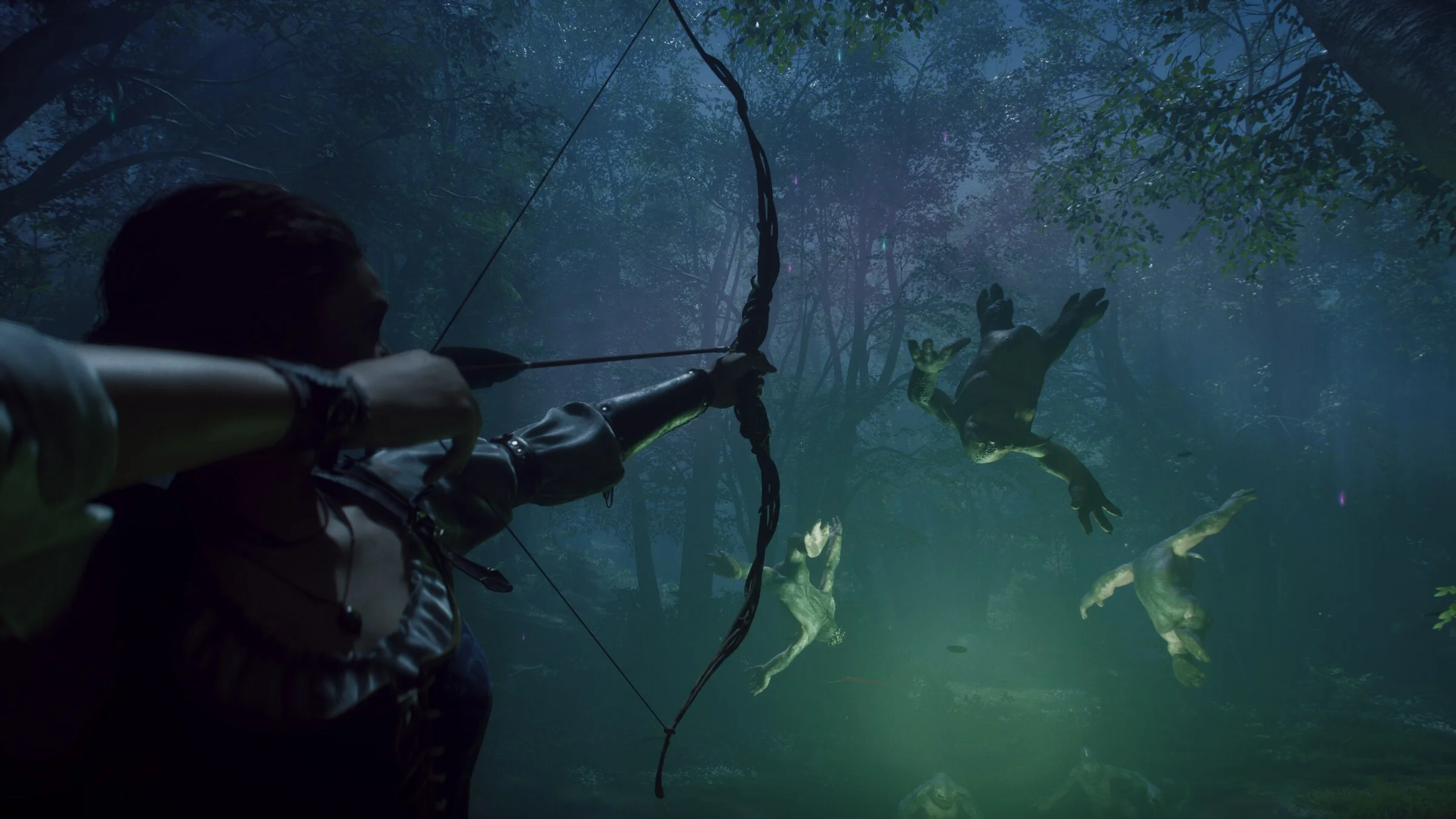 The Fable Hero aims a bow while several Hobbes float above the forest floor.