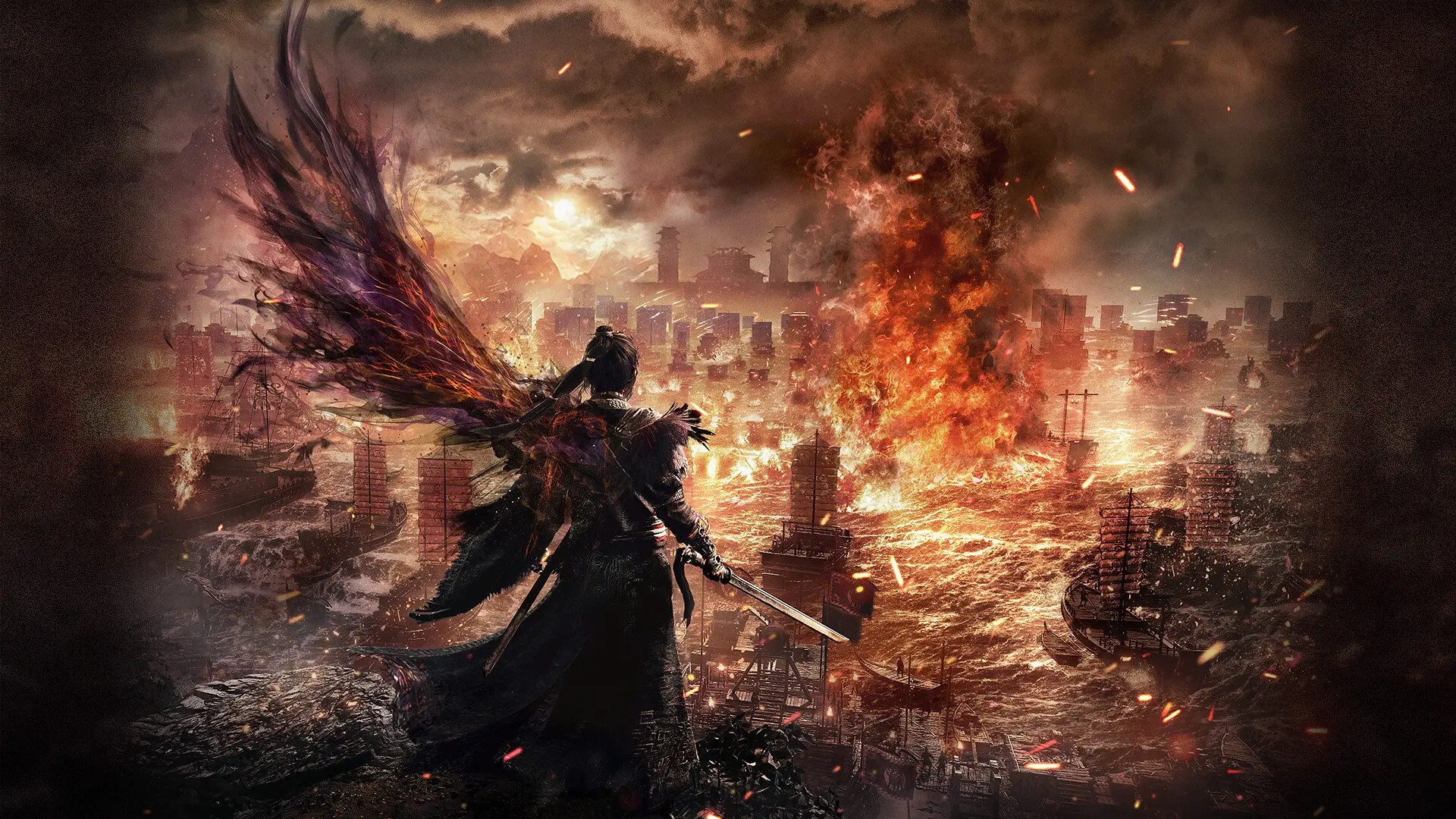 The Wo Long 2 protagonist overlooks a burning fleet with a fiery phoenix wing behind him.