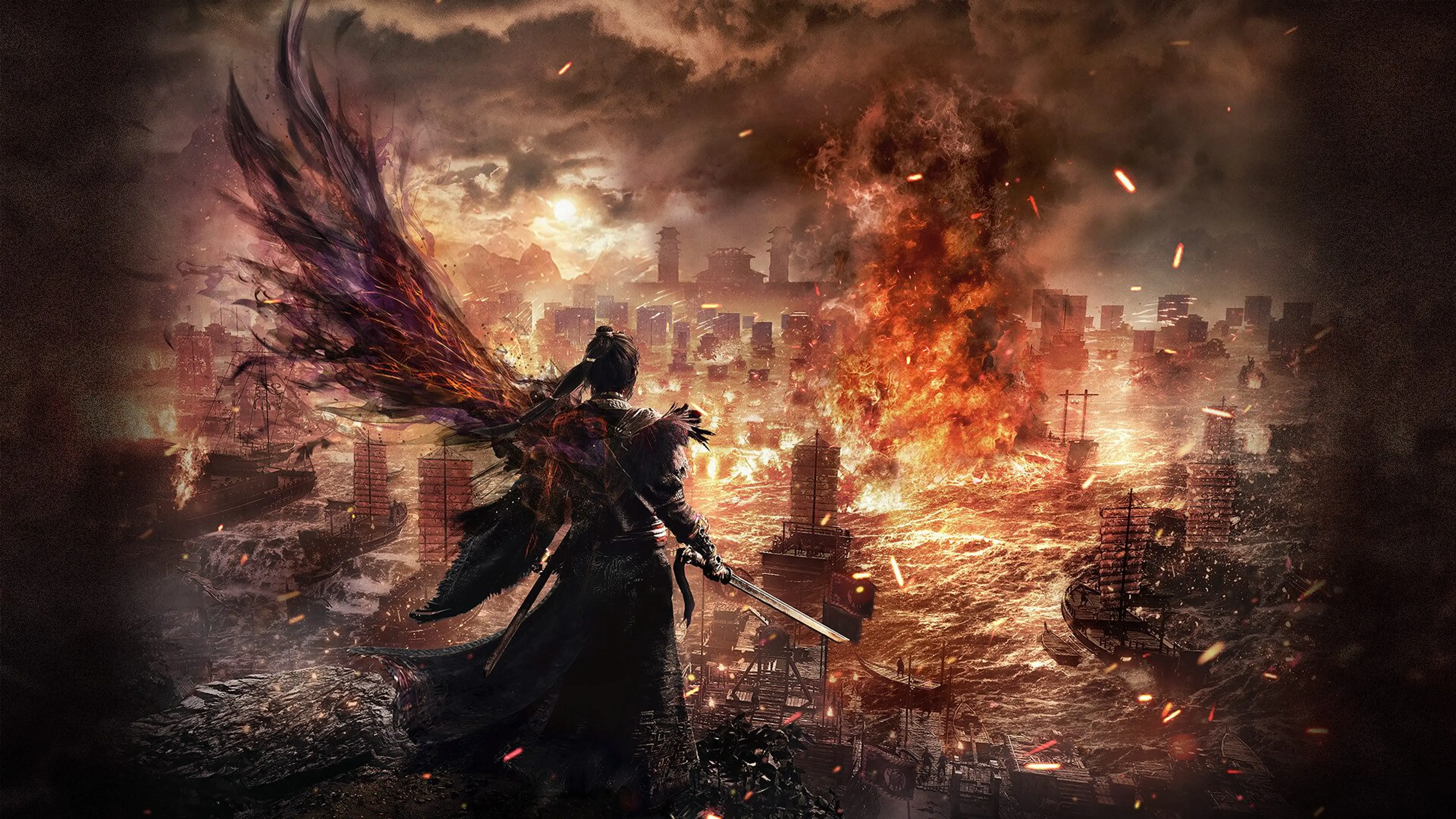 The Wo Long 2 protagonist overlooks a burning fleet with a fiery phoenix wing behind him.
