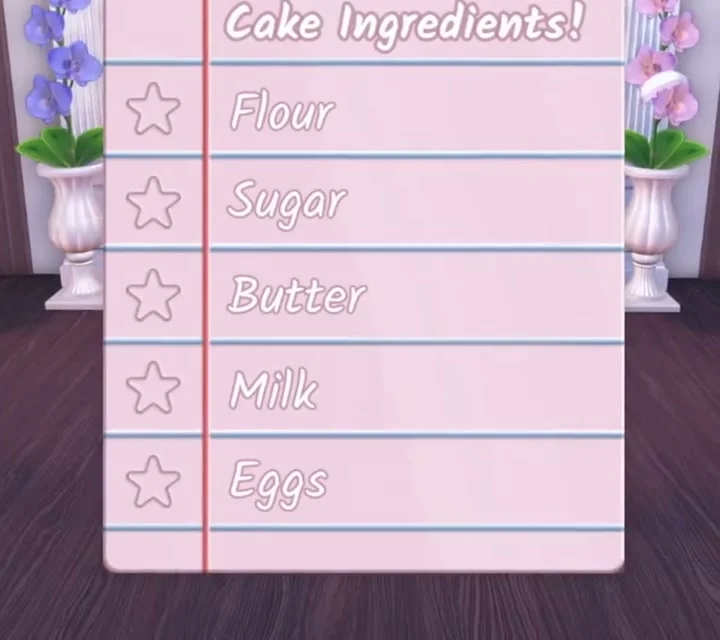 DTI Cake Ingredients checklist showing Flour, Sugar, Butter, Milk, and Eggs.