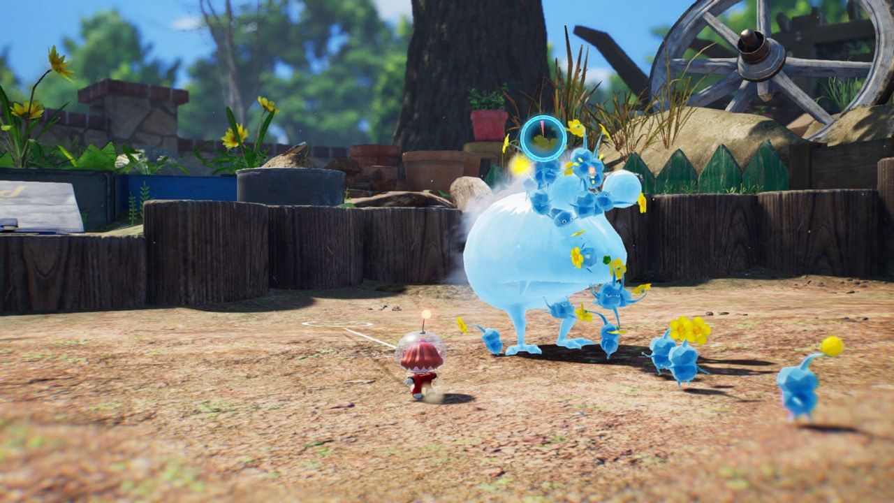 A team of Ice Pikmin surrounds a frozen enemy.
