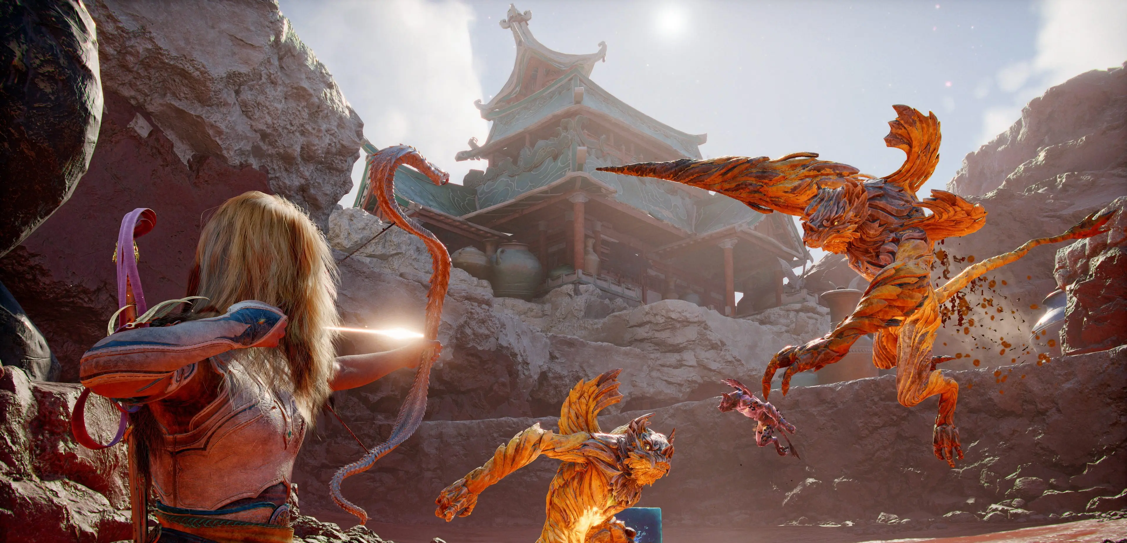 Faye uses the Serpent Bow against enemies in God of War: Laufey.