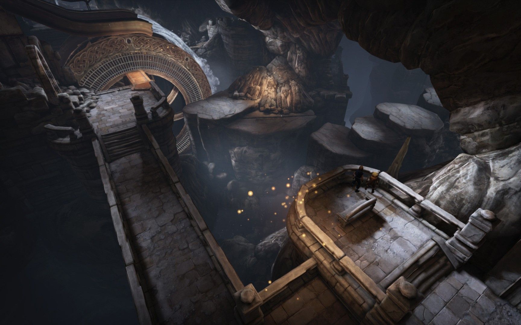 A narrow bridge crosses a dark underground drop.