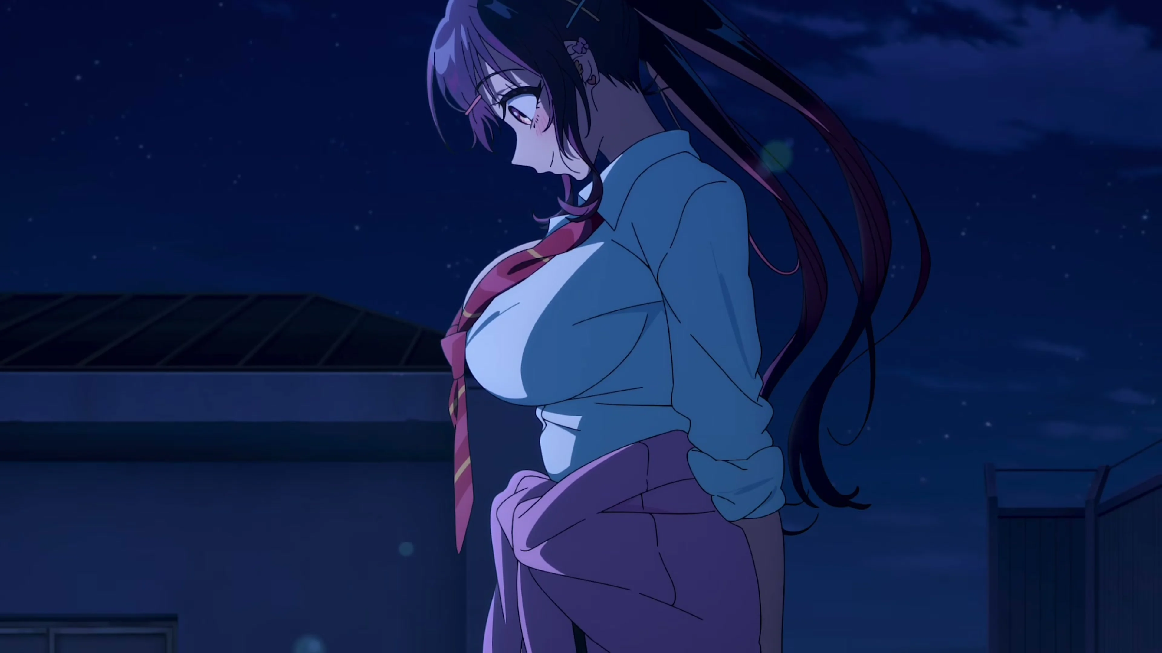 Niina stands outside at night in a sharp, text-free frame from the first Now That We Draw trailer.