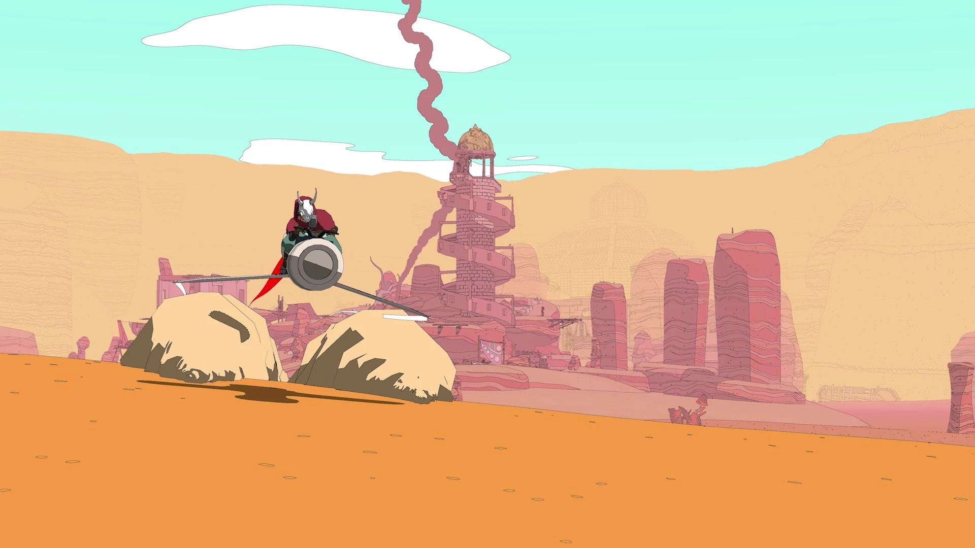 Sable rides a hoverbike over orange dunes near a desert settlement.