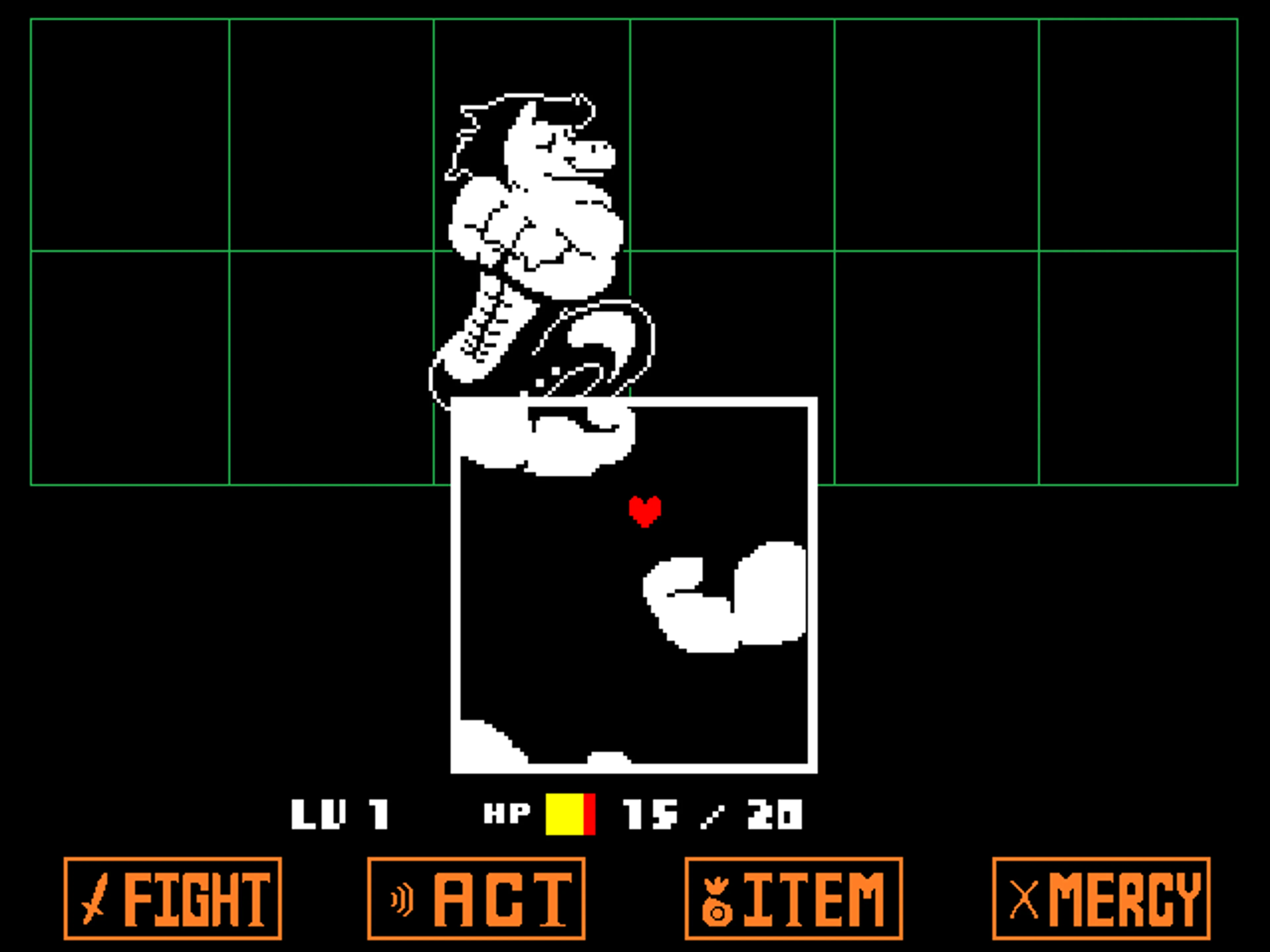 Official Undertale screenshot showing a red heart inside a small white battle box while white attack shapes approach it.