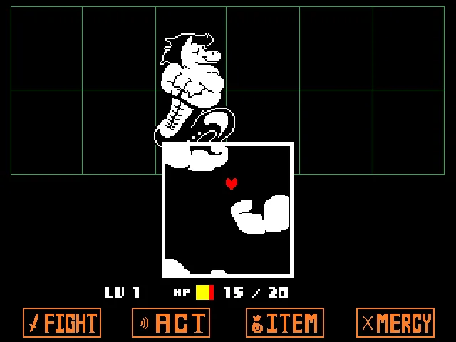 Official Undertale screenshot showing a red heart inside a small white battle box while white attack shapes approach it.
