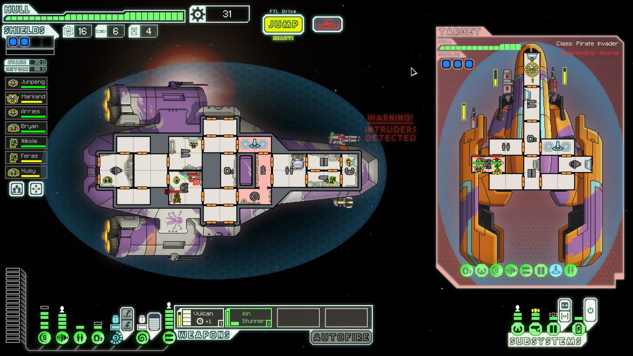 Closer view of the enemy ship TARGET panel with a targeting mark on a room.