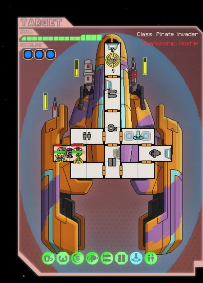 Closer view of the enemy ship TARGET panel with a targeting mark on a room.