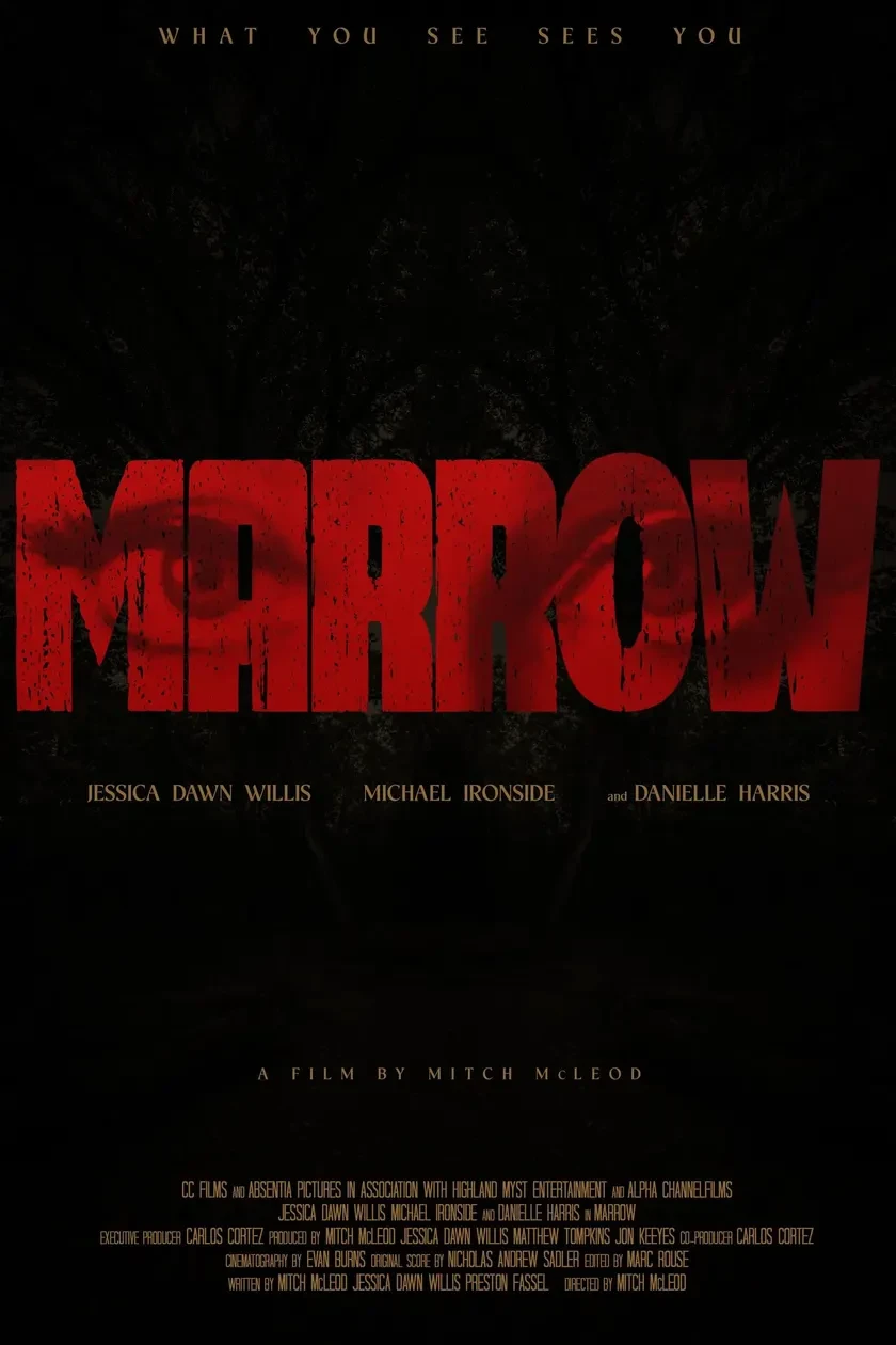 Official Marrow poster with its red title, cast names and a dark forest background.