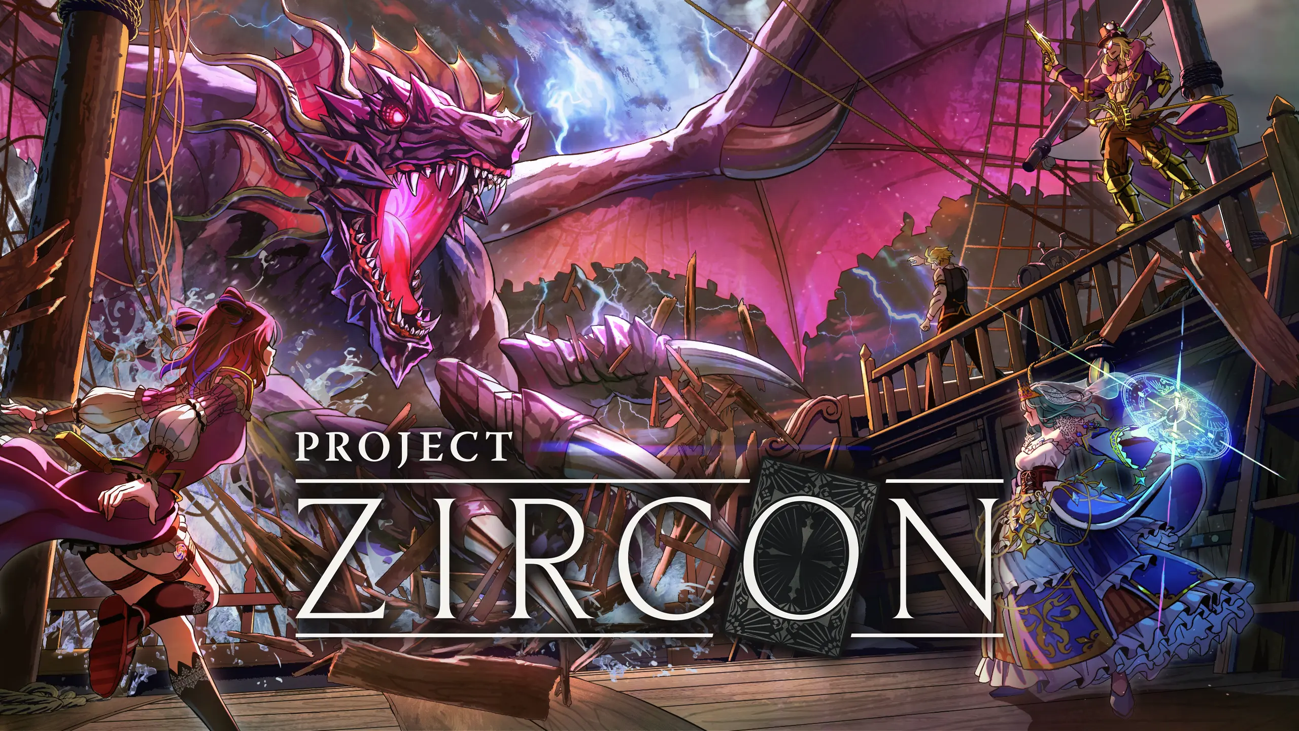The Calamity Dragon roars over a burning ship in PROJECT ZIRCON key art.
