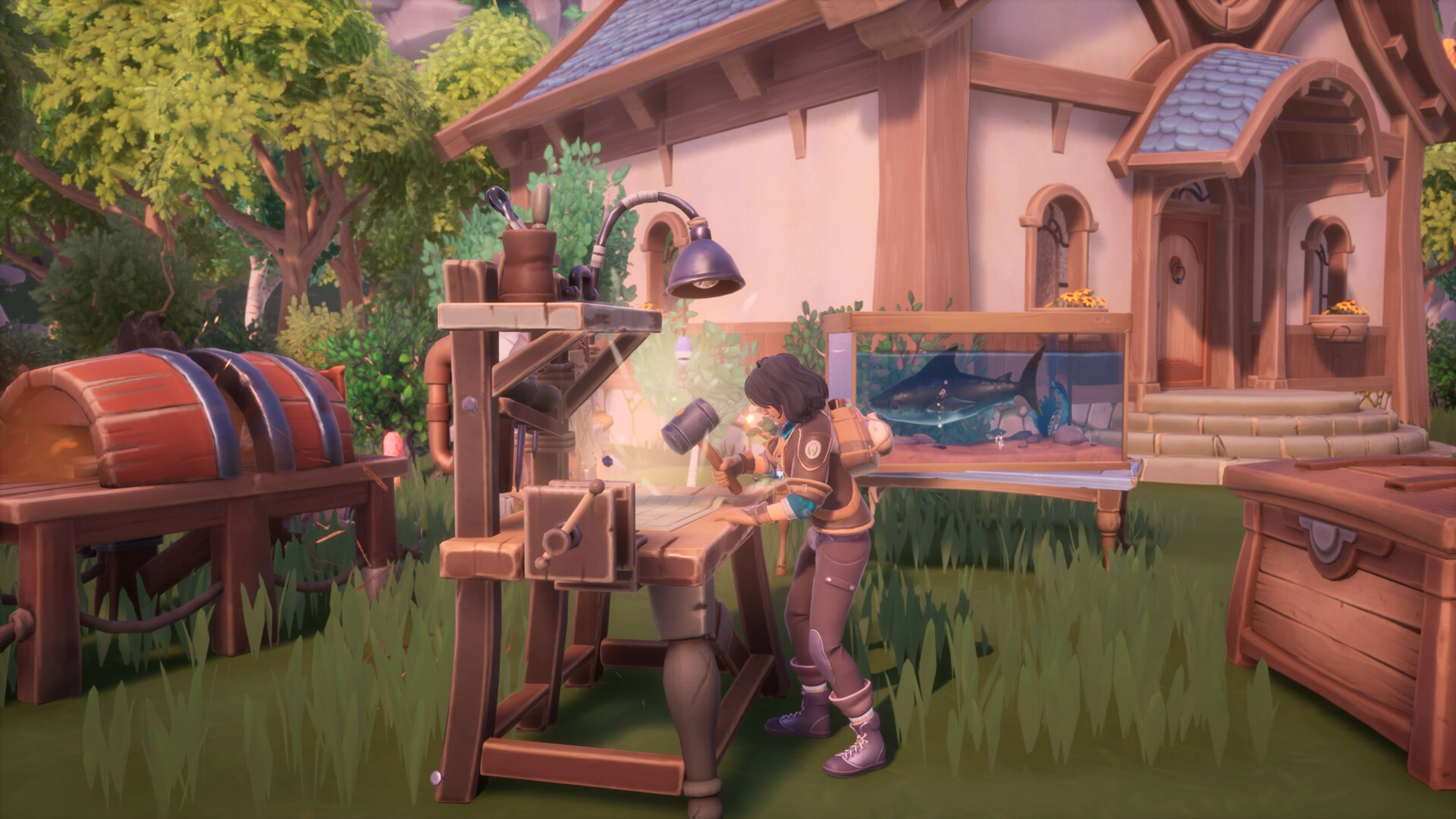 A Palia player crafting beside a decorated home.