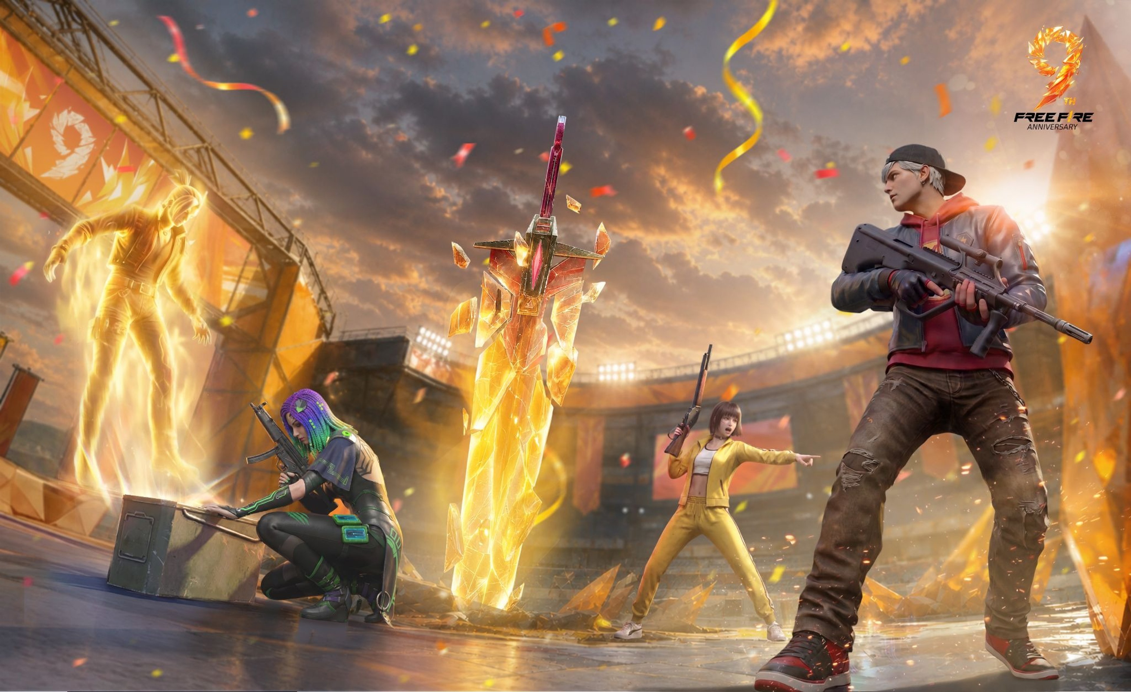Free Fire MAX fighters carrying rifles during an anniversary match