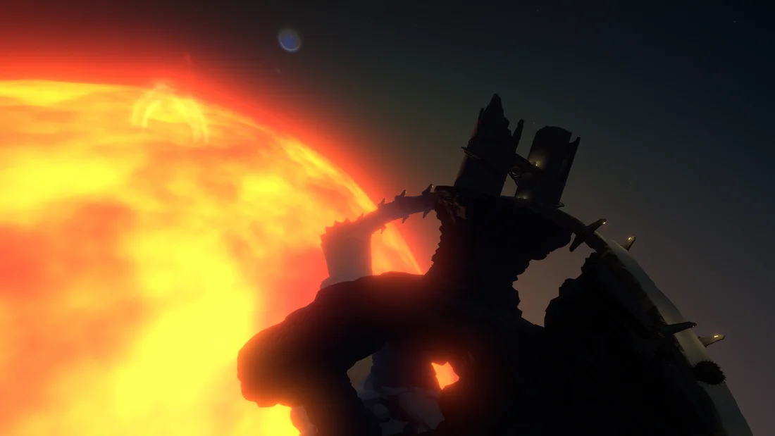 A silhouetted structure stands before a bright orange sun in Outer Wilds.