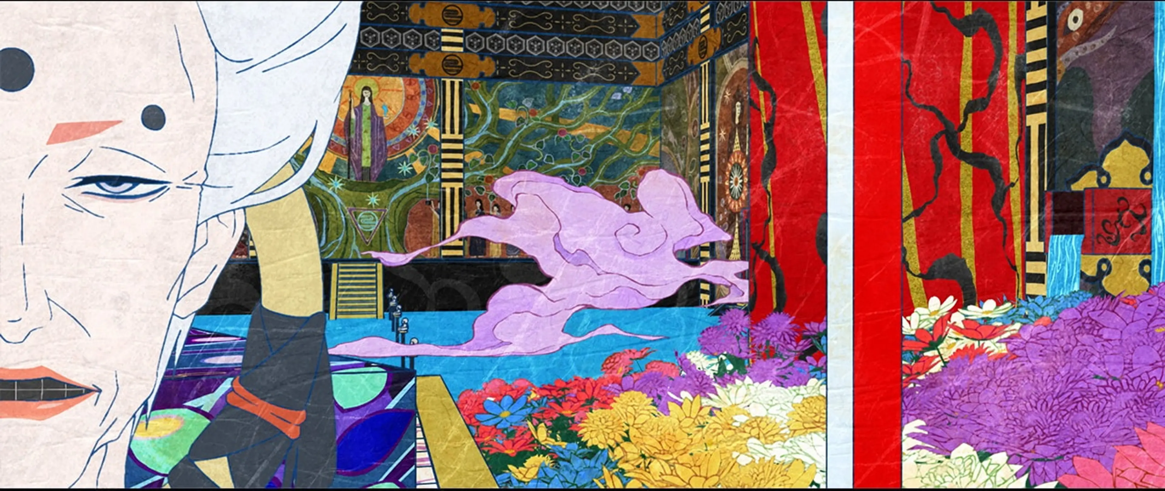 Hokuto Mizorogi appears beside purple smoke in an elaborately decorated room.