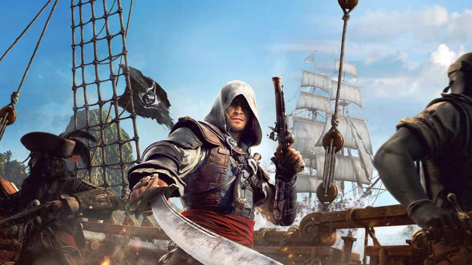 Assassin's Creed Black Flag gameplay screenshot featuring a pirate ship on the ocean.