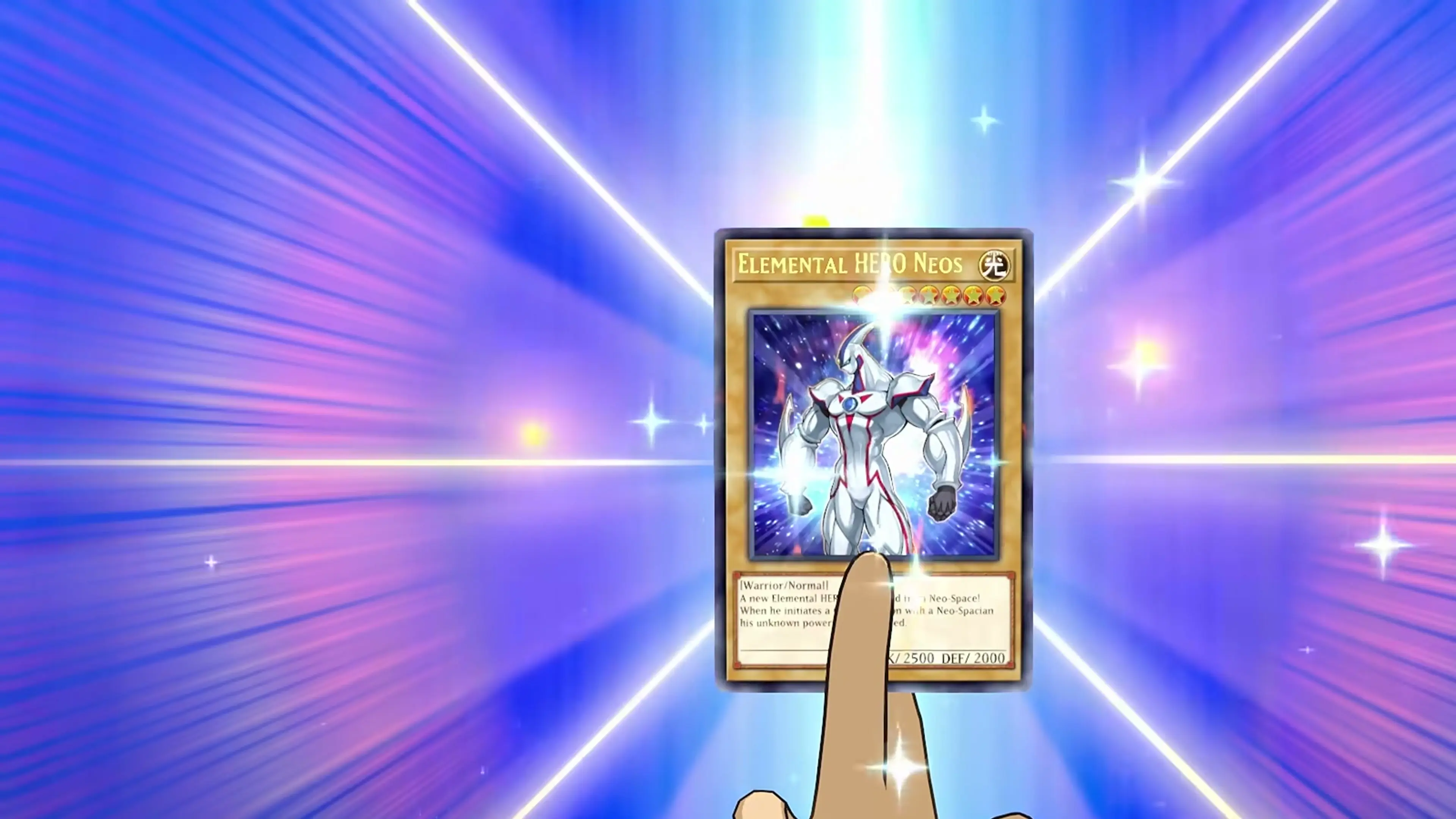 Elemental HERO Neos appears in a glowing card reveal in Yu-Gi-Oh! TAG FORCE GX.