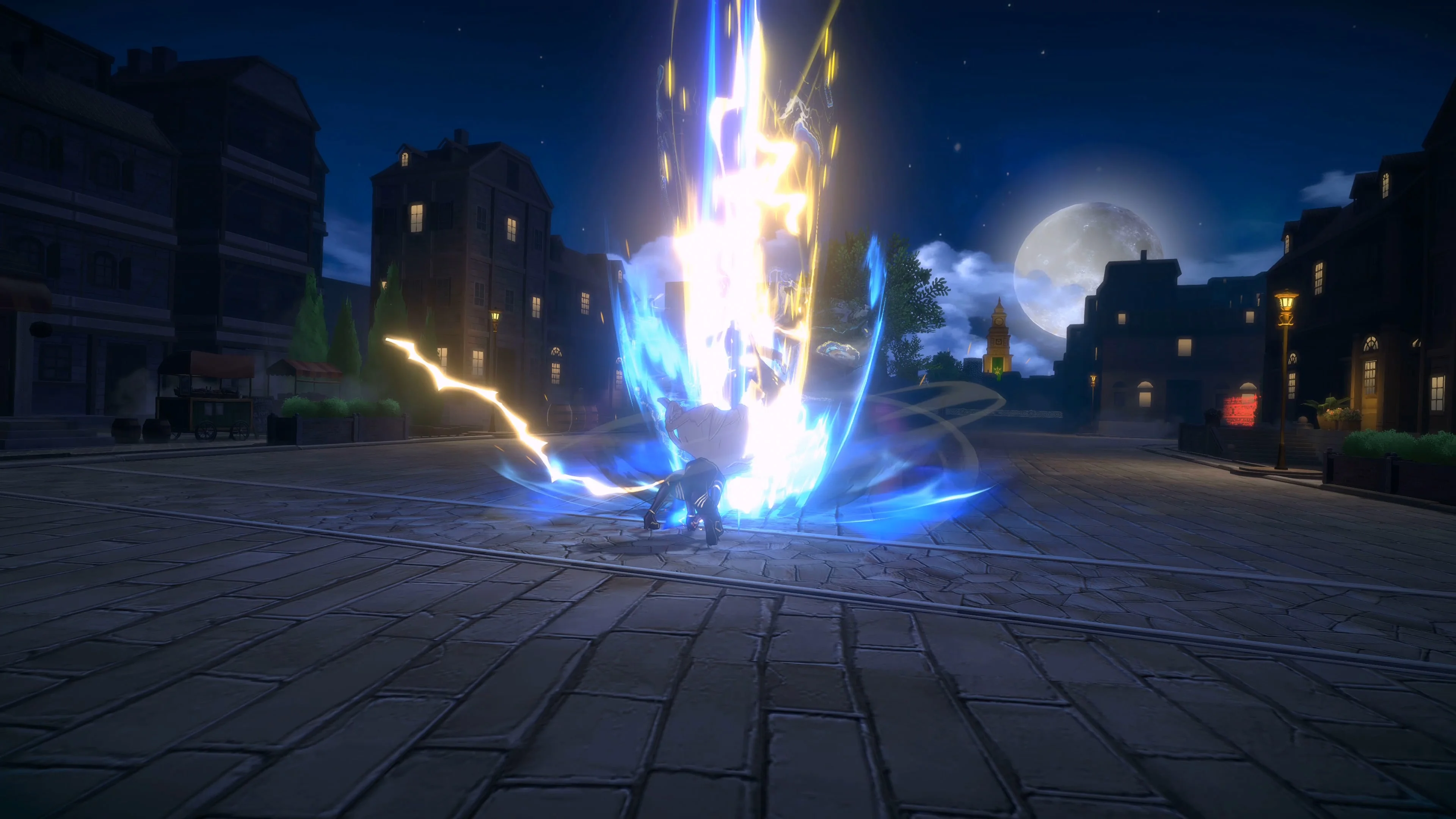 A blue and gold attack erupts across a moonlit city square in Phantom Echoes.