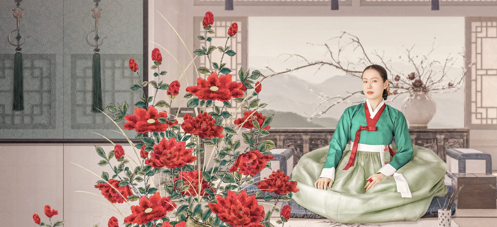 Lady Cho sits in a green hanbok behind a display of red flowers.