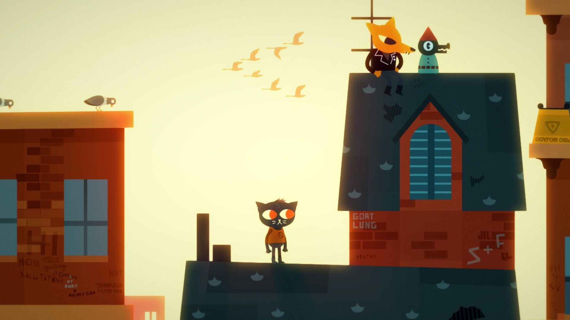 Mae stands on a rooftop in an orange evening sky.