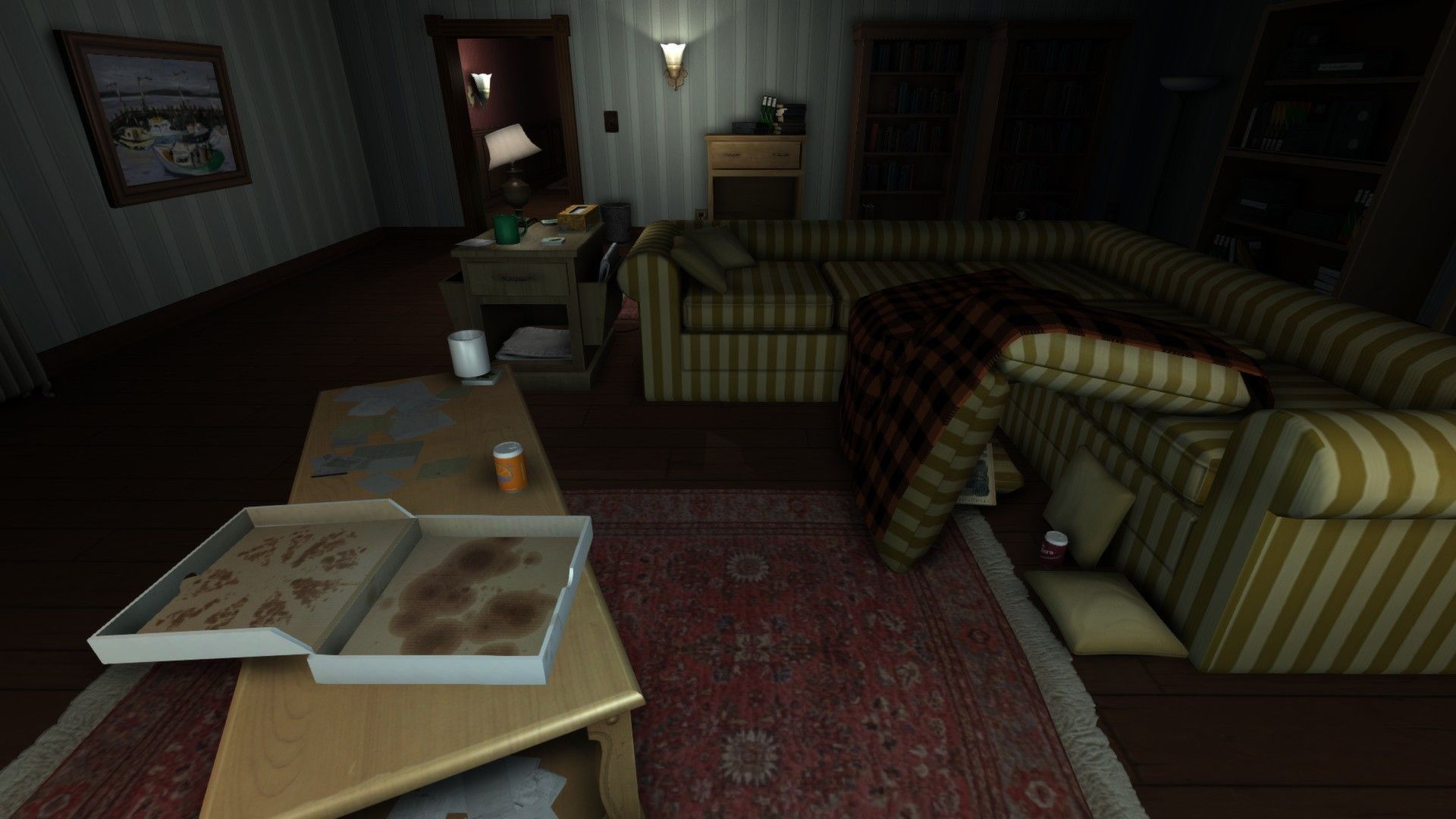The player looks into a furnished living room with a table and sofa.