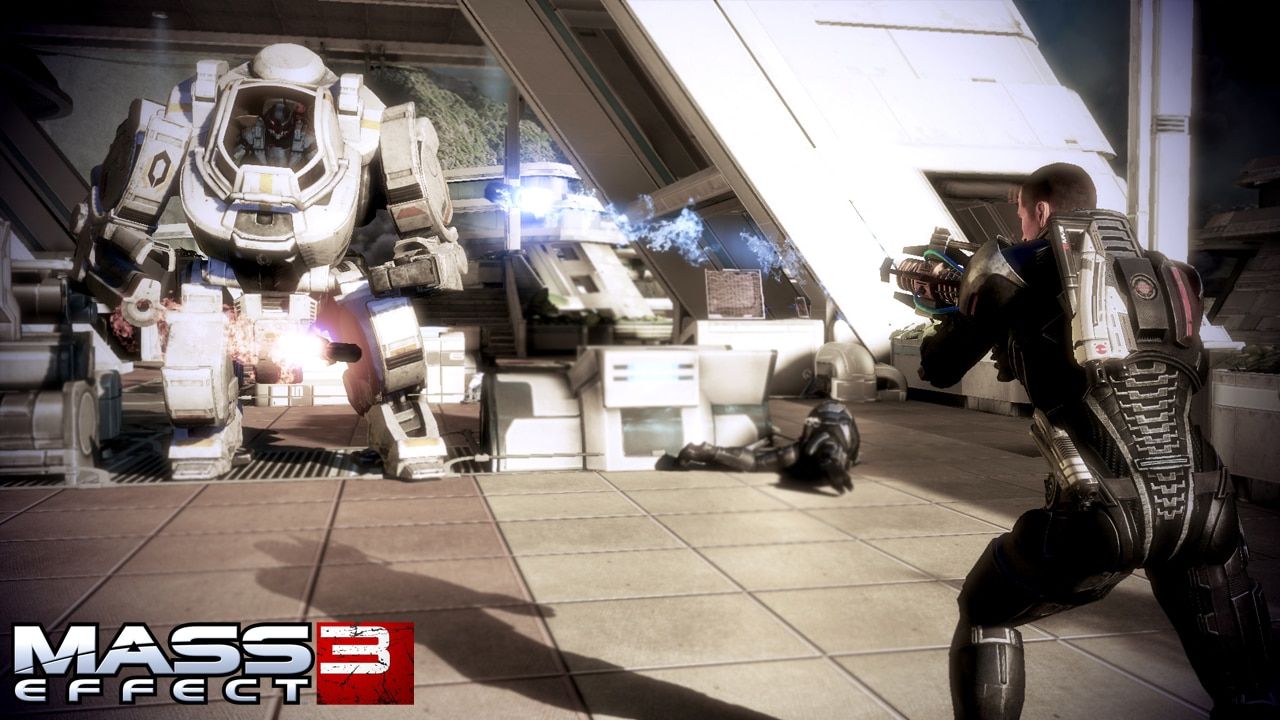 Shepard fires at a large armored machine in a bright indoor battle.