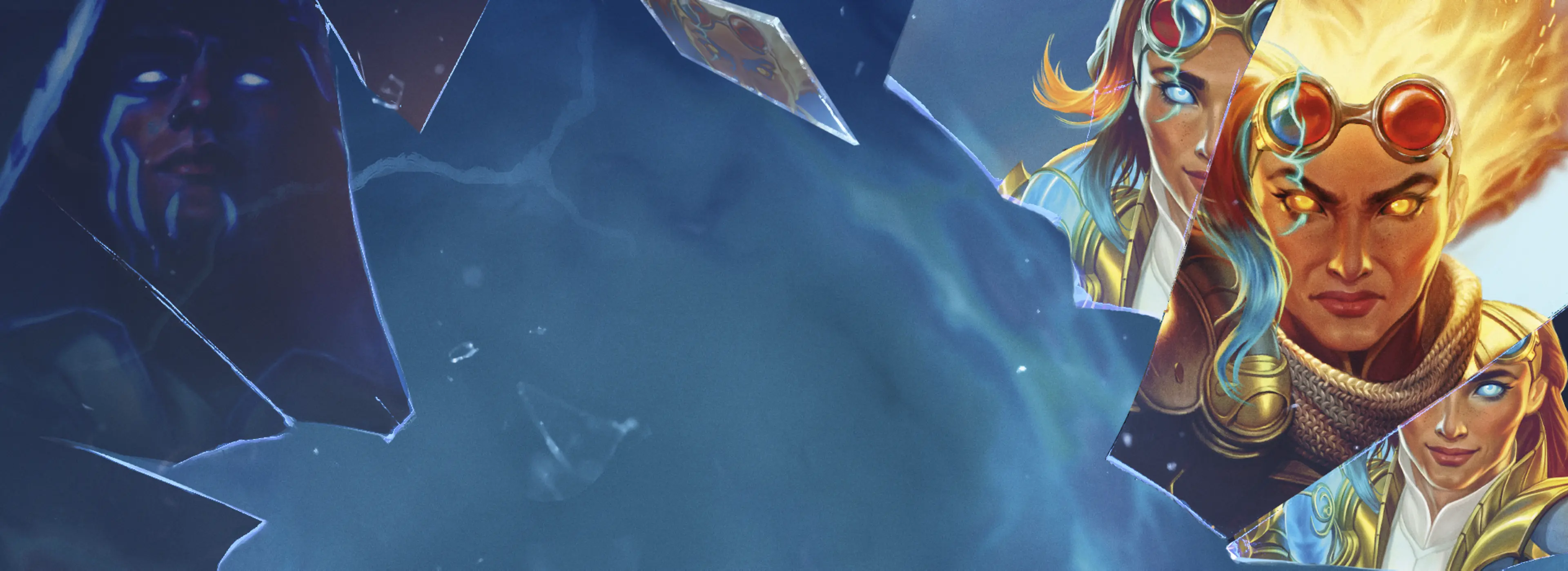 Official artwork: colorful fantasy characters appear behind shards of blue glass in Magic: The Gathering.