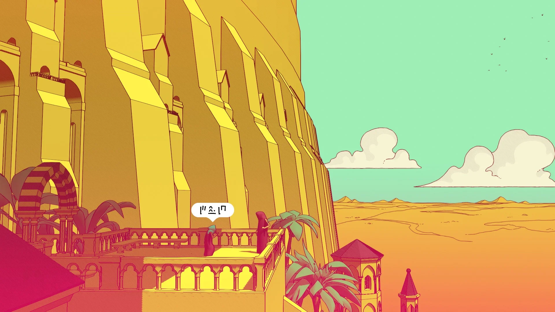 The Traveler stands below towering yellow architecture in Chants of Sennaar.