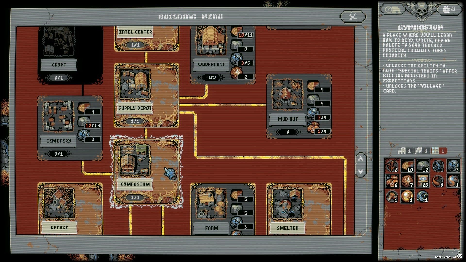 A red-toned Loop Hero map displays several cards and a planned route.