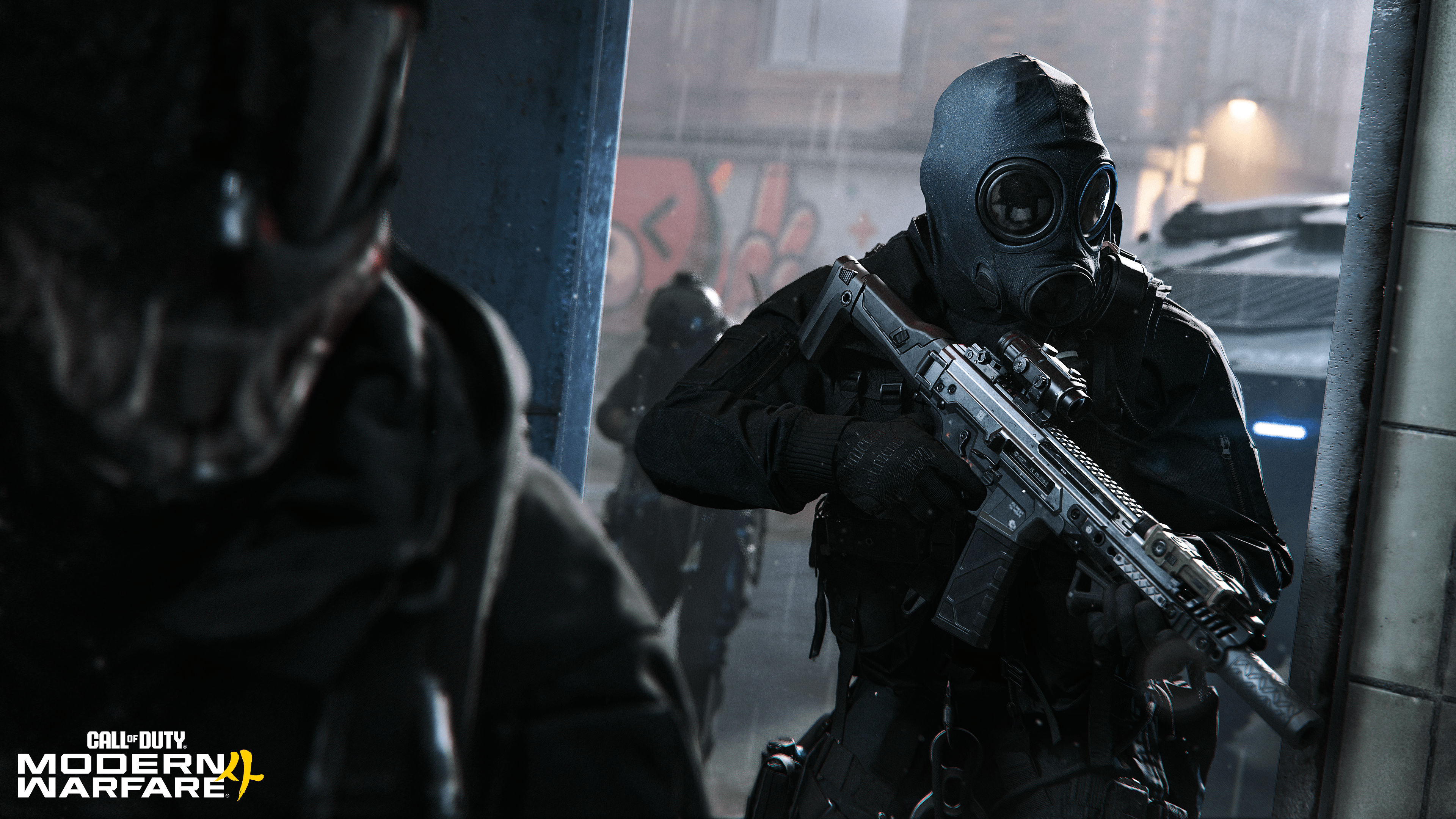 Call of Duty: Modern Warfare 4 Multiplayer screenshot showing a gas-masked operator aiming a rifle