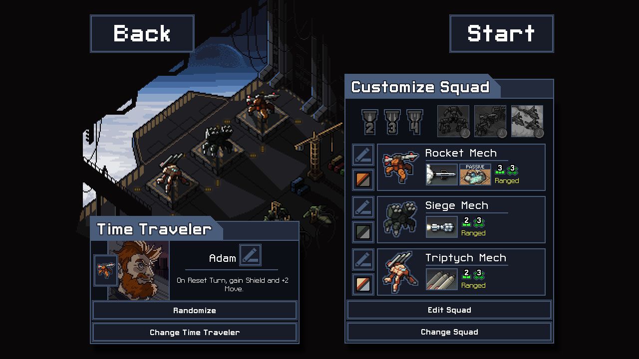 The squad screen lists Rocket Mech, Siege Mech and Triptych Mech with a pilot and equipment choices.