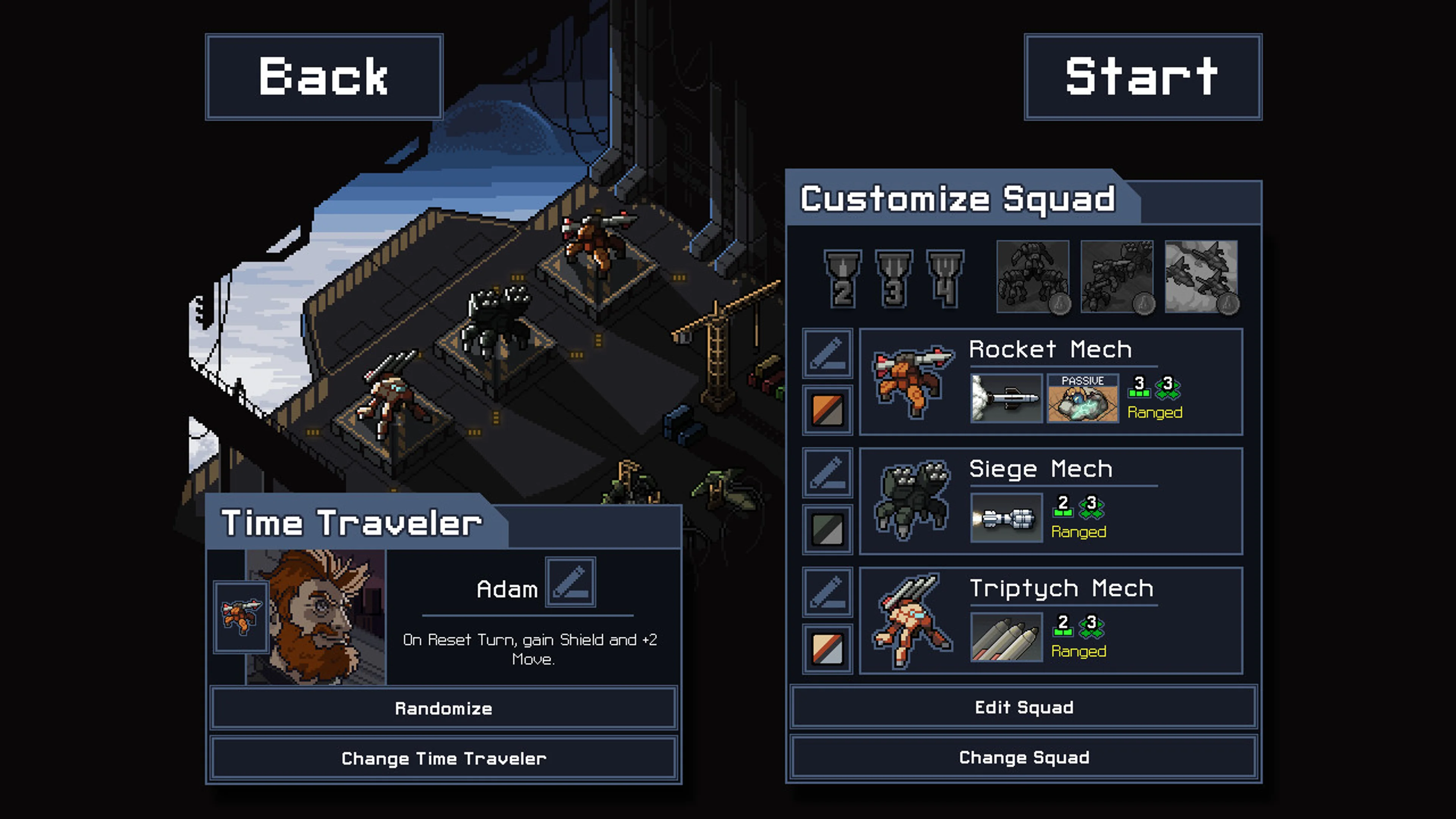 Official Into the Breach squad screen with a pilot at lower left, three named mechs on the right and the Start button at top right.