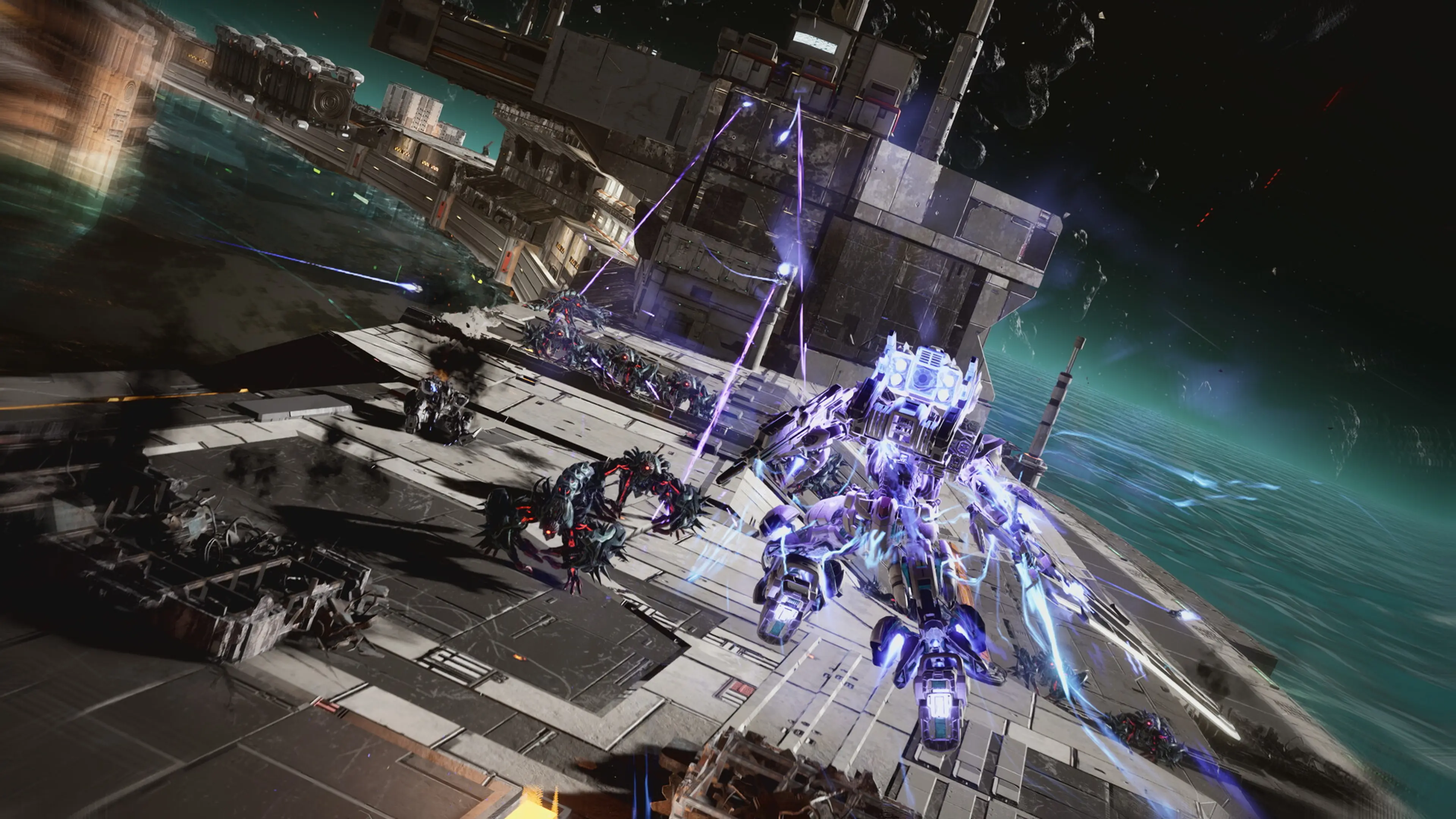 Gundam Helix dashes through a space-station battle beneath purple fire.