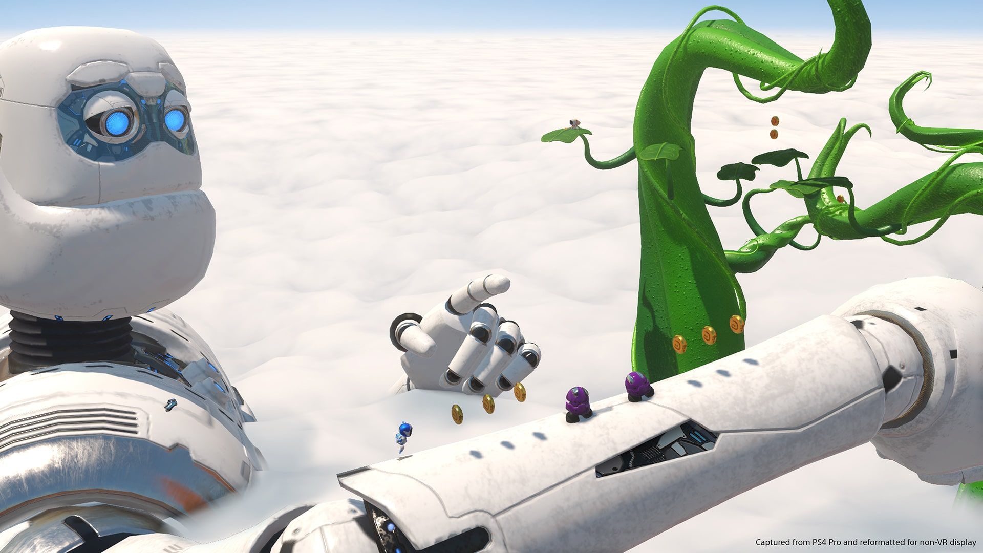 Astro stands near a tall white robot and bright platform obstacles.