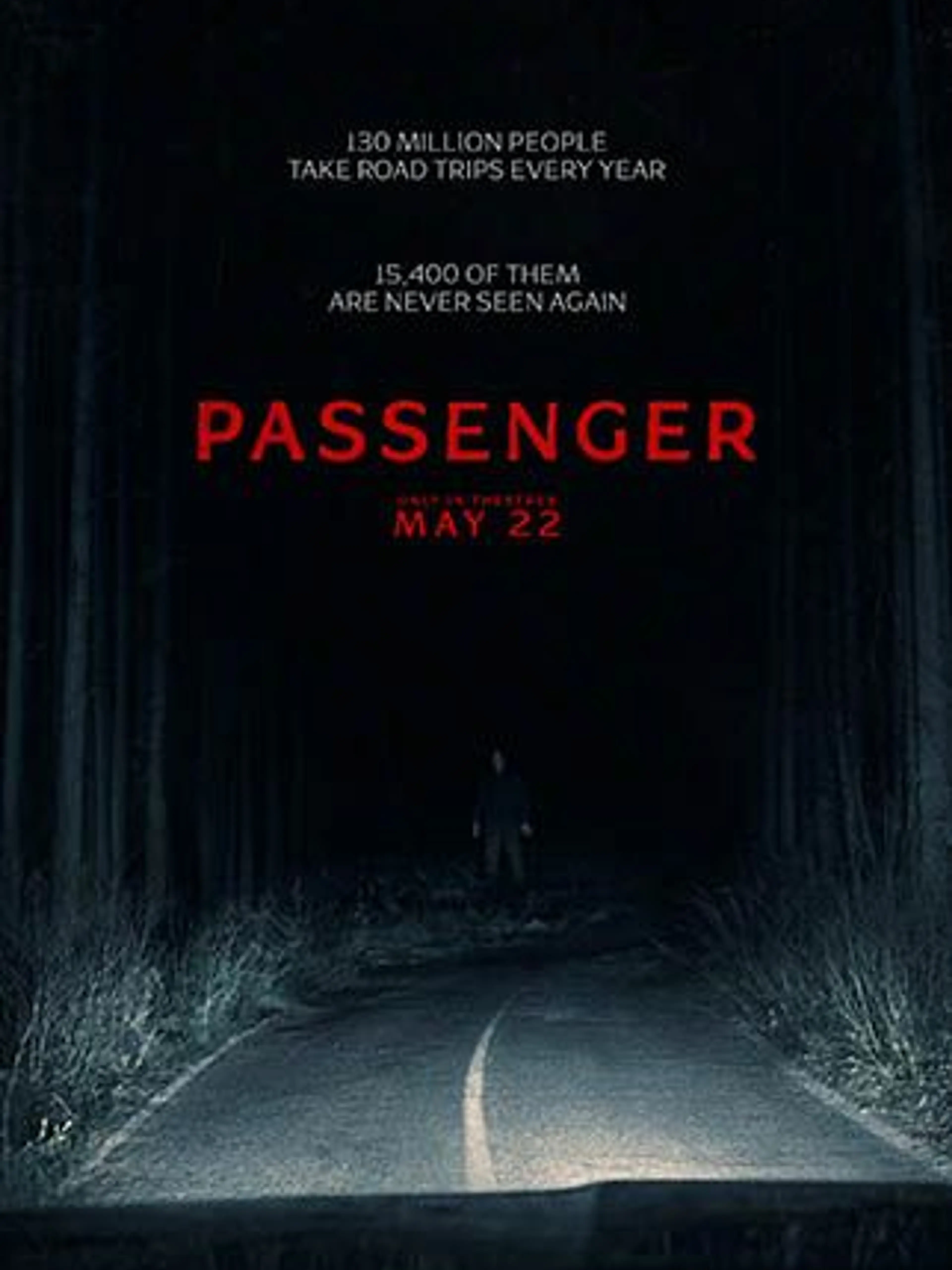 Passenger poster showing a figure standing on a dark forest road.