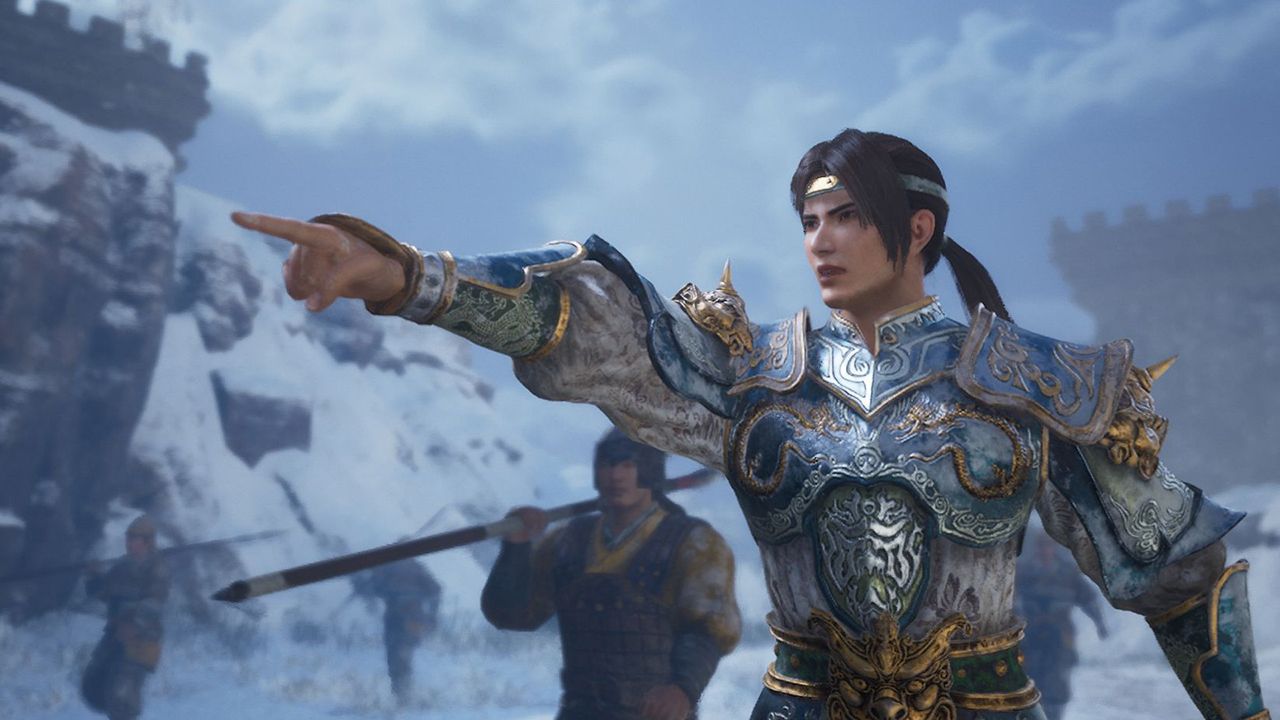 An armored officer points ahead, with a soldier and fortress walls behind him.